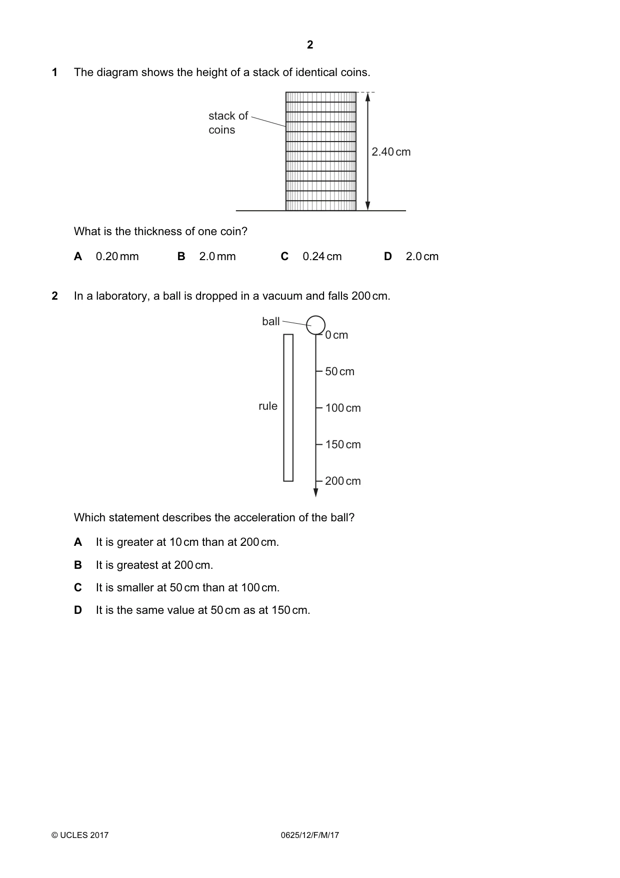 Cambridge IGCSE Physics 0625 2017 Feb/March Paper 1 · Variant 2 question paper, page 2 of 20