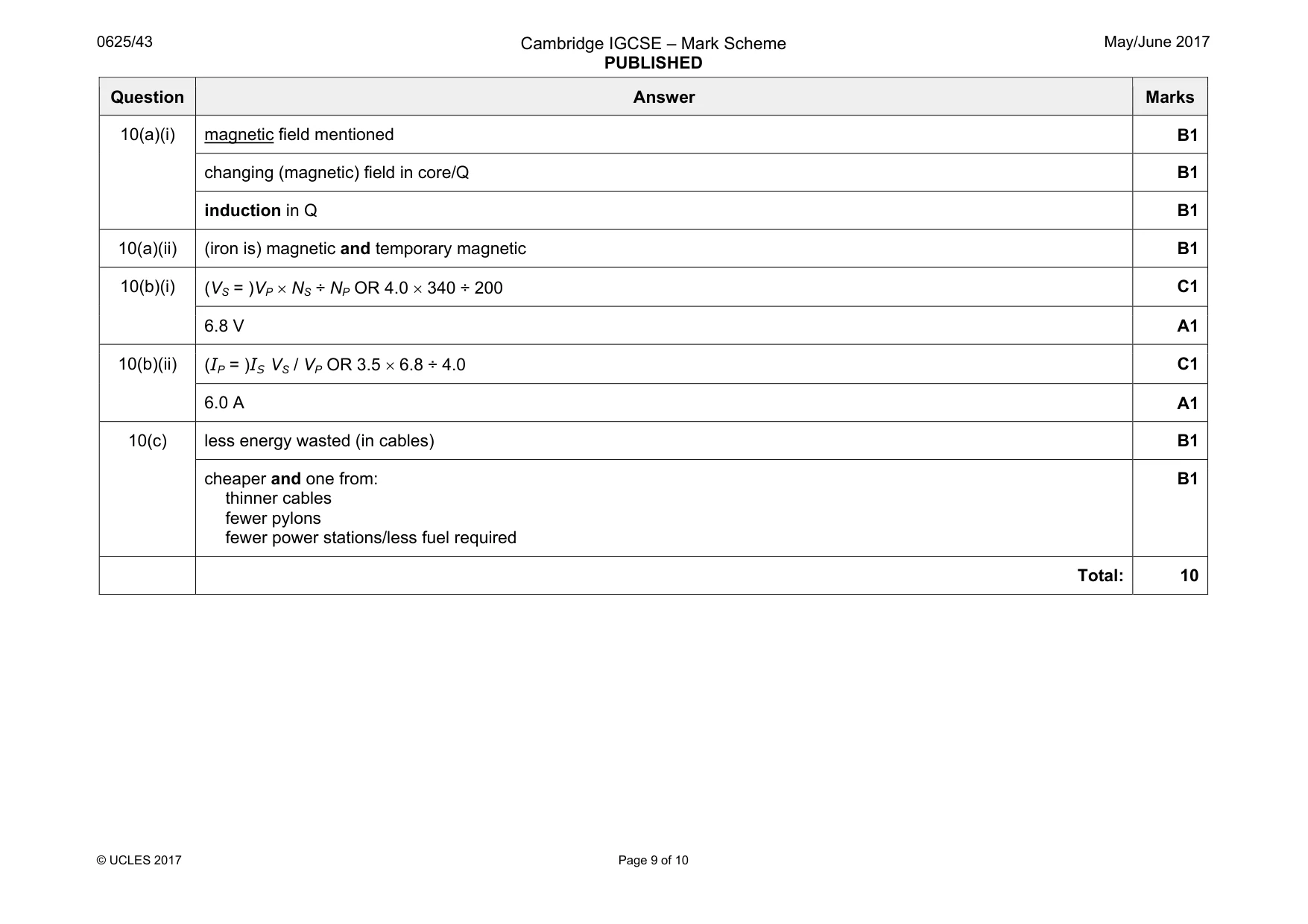 Mark scheme, page 9 of 10