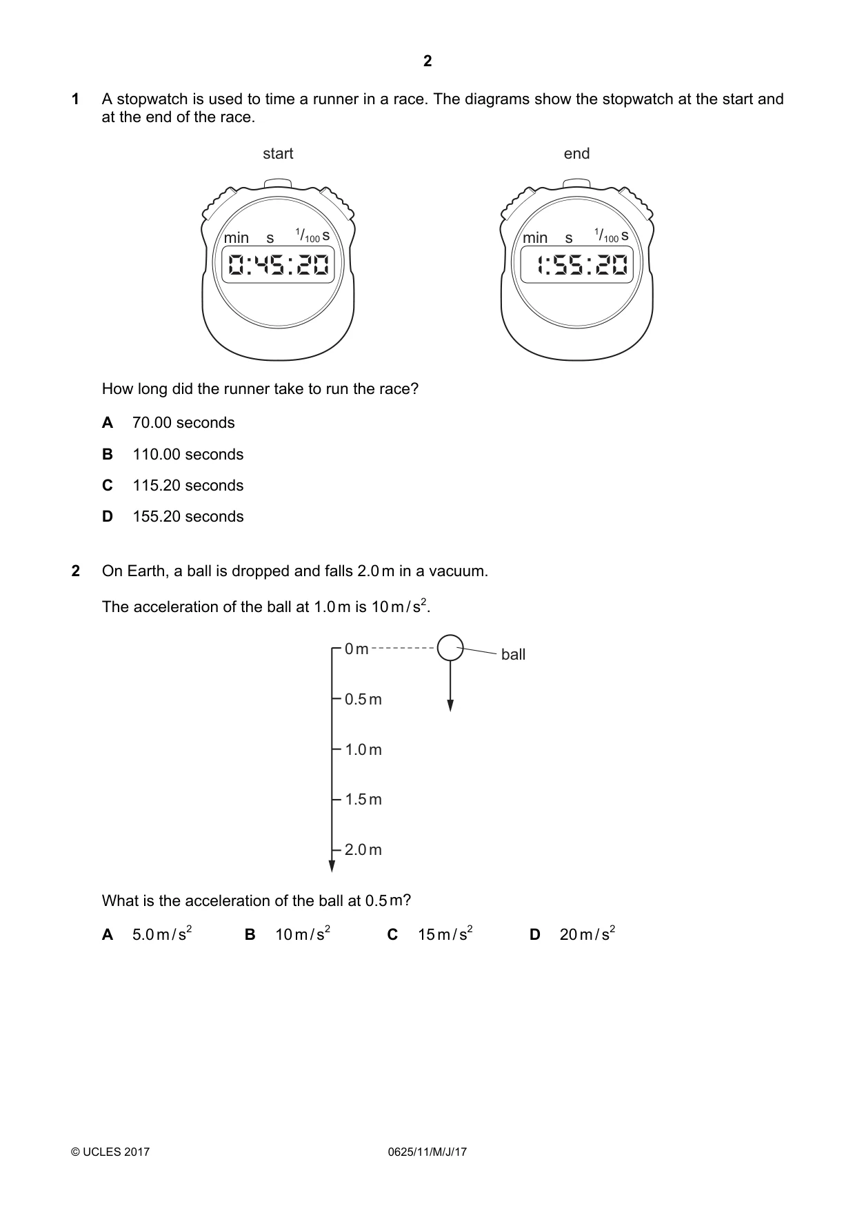 Cambridge IGCSE Physics 0625 2017 May/June Paper 1 · Variant 1 question paper, page 2 of 20