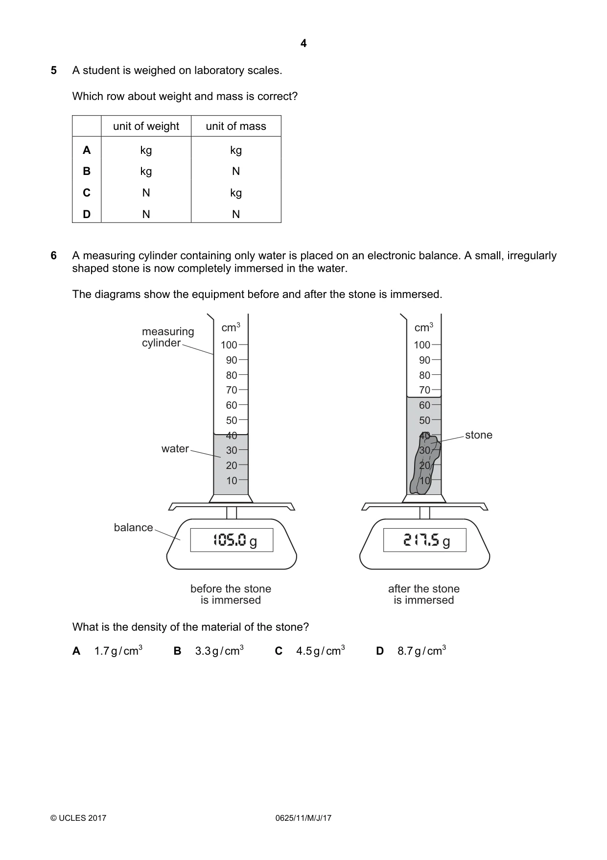 Cambridge IGCSE Physics 0625 2017 May/June Paper 1 · Variant 1 question paper, page 4 of 20
