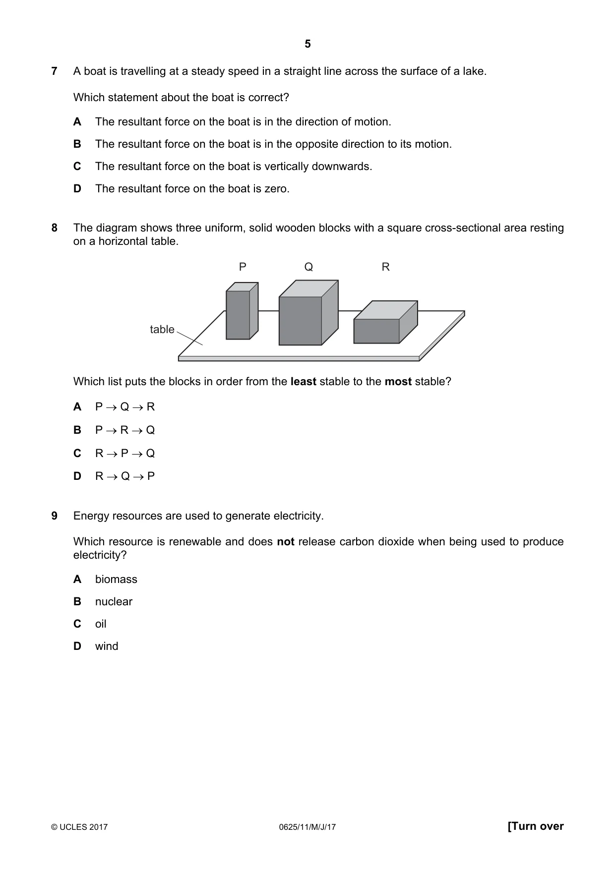 Cambridge IGCSE Physics 0625 2017 May/June Paper 1 · Variant 1 question paper, page 5 of 20