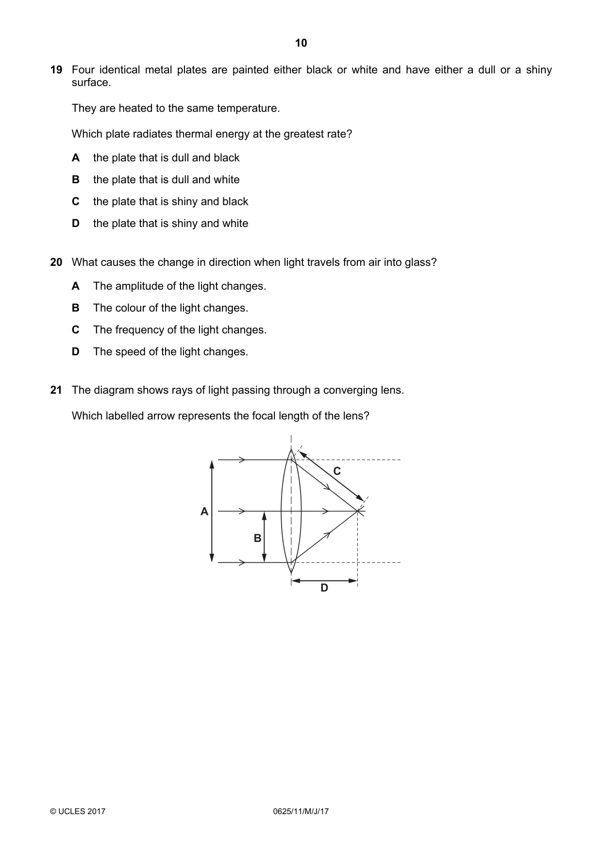 Cambridge IGCSE Physics 0625 2017 May/June Paper 1 · Variant 1 question paper, page 10 of 20