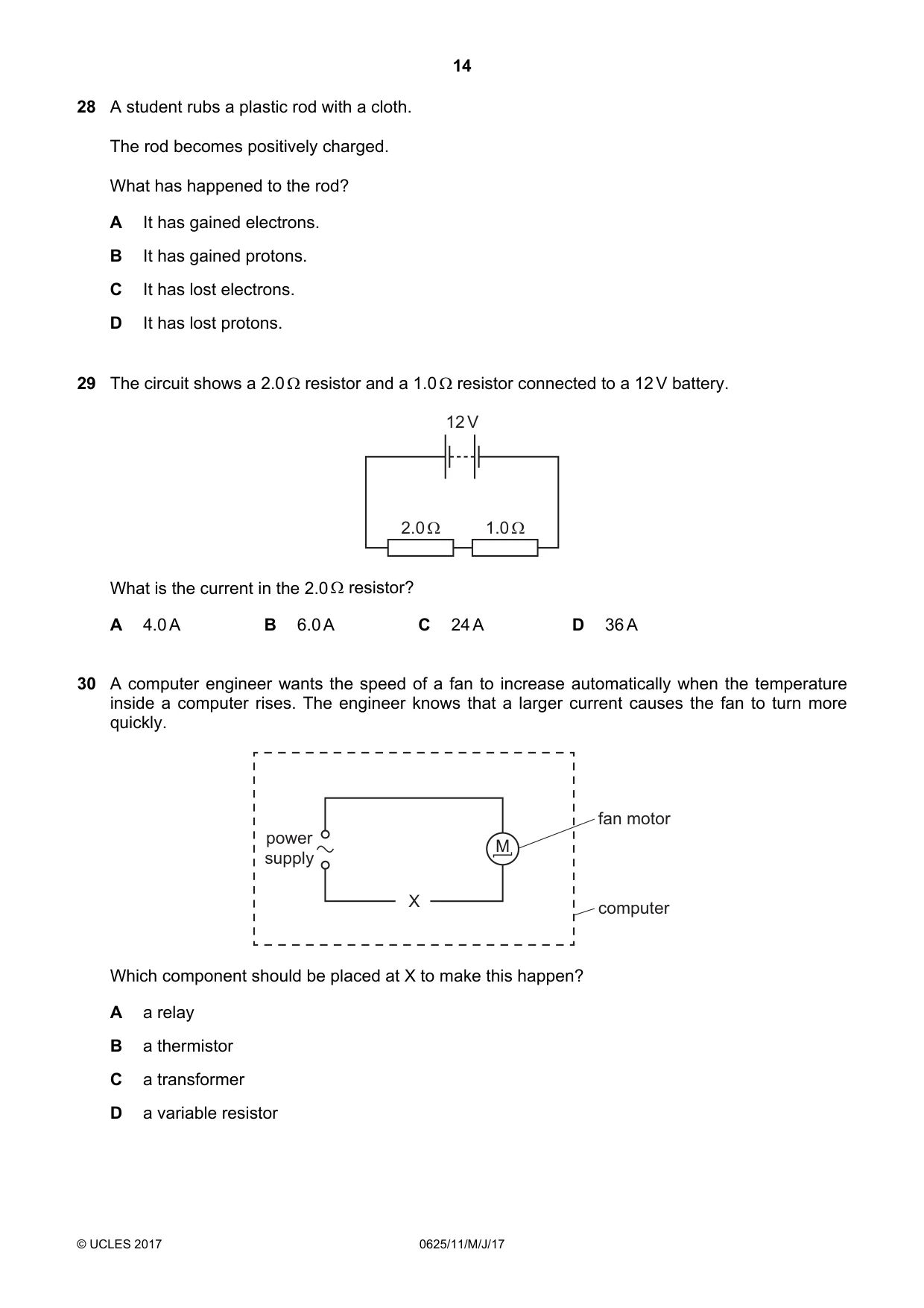 Cambridge IGCSE Physics 0625 2017 May/June Paper 1 · Variant 1 question paper, page 14 of 20