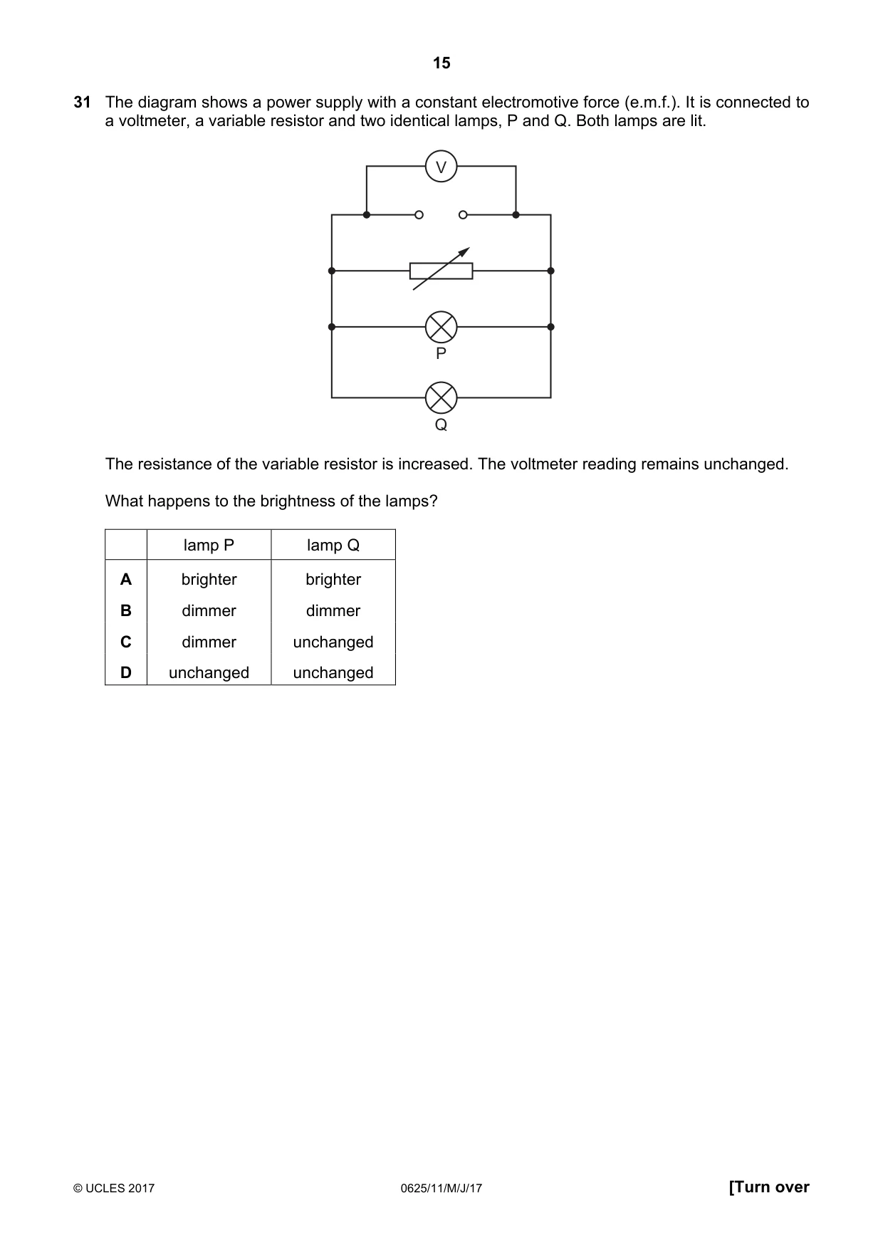 Cambridge IGCSE Physics 0625 2017 May/June Paper 1 · Variant 1 question paper, page 15 of 20