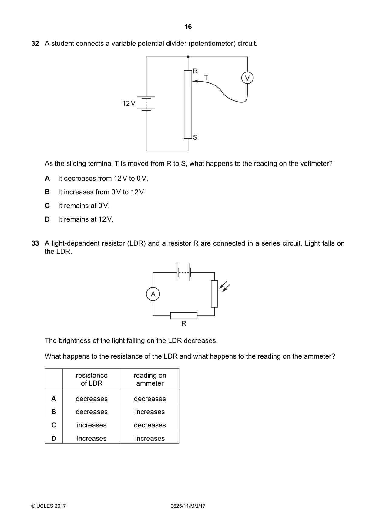 Cambridge IGCSE Physics 0625 2017 May/June Paper 1 · Variant 1 question paper, page 16 of 20