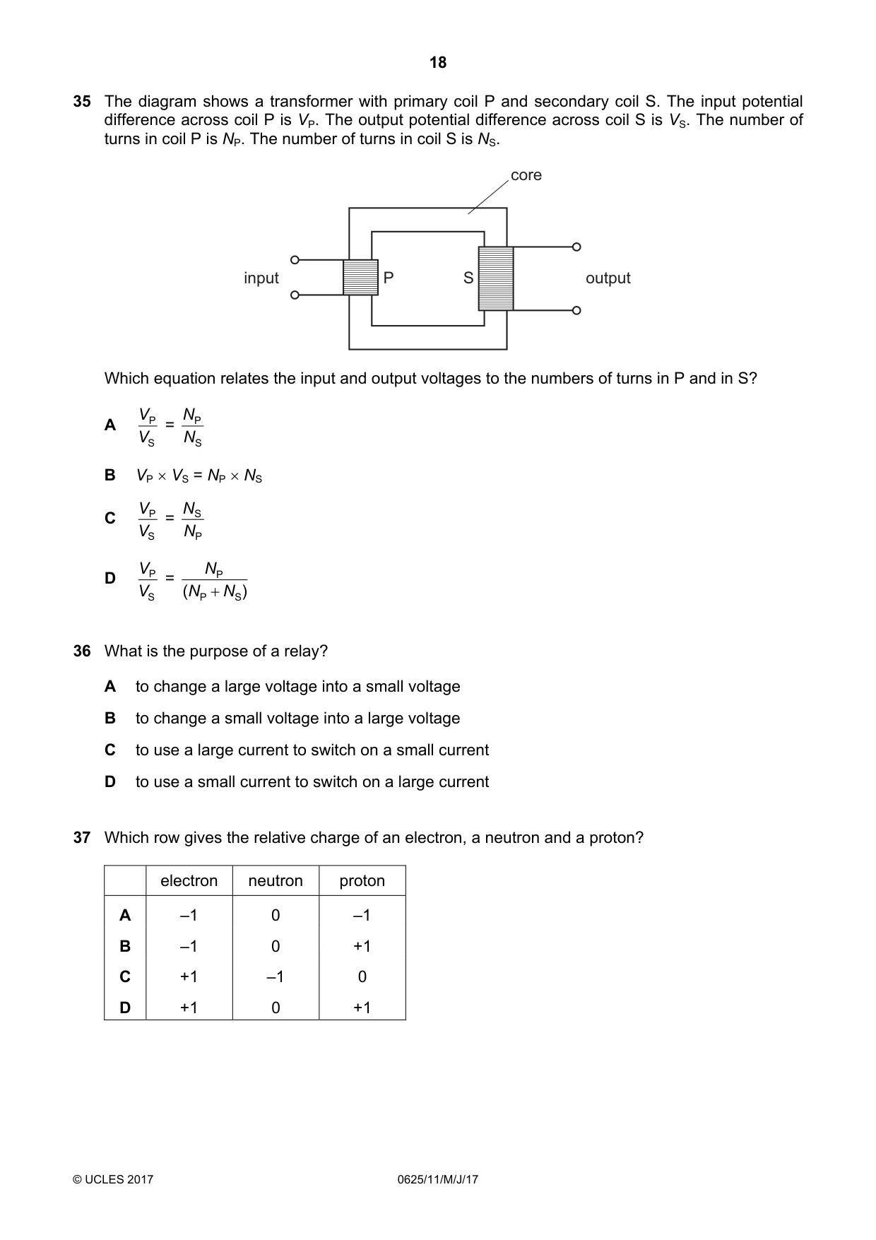 Cambridge IGCSE Physics 0625 2017 May/June Paper 1 · Variant 1 question paper, page 18 of 20