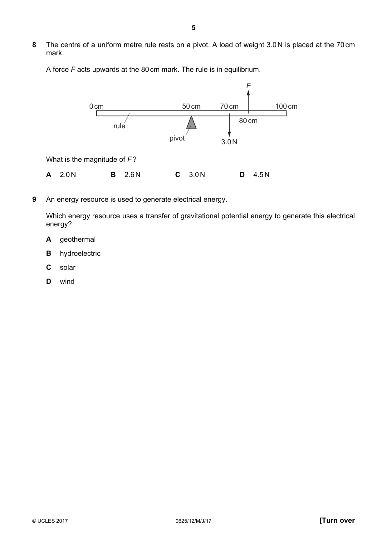 Cambridge IGCSE Physics 0625 2017 May/June Paper 1 · Variant 2 question paper, page 5 of 20