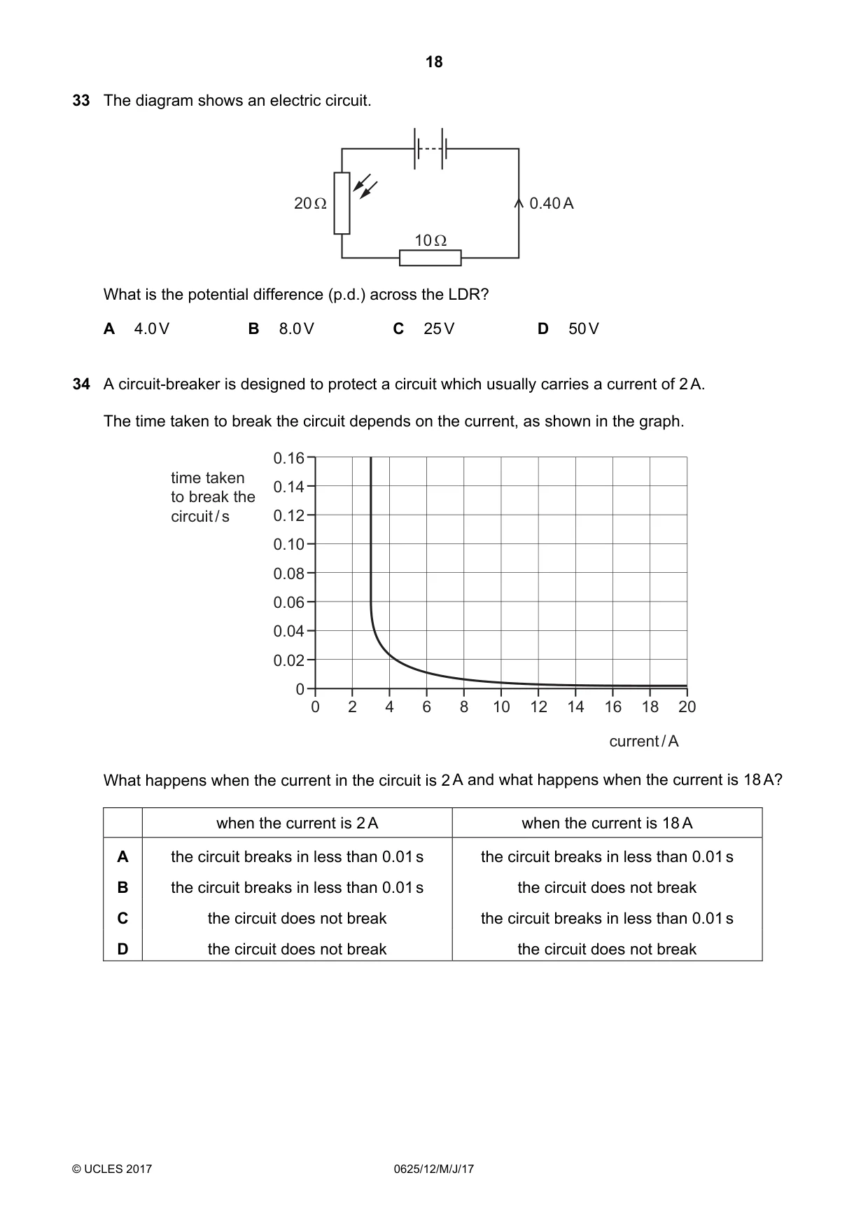 Cambridge IGCSE Physics 0625 2017 May/June Paper 1 · Variant 2 question paper, page 18 of 20