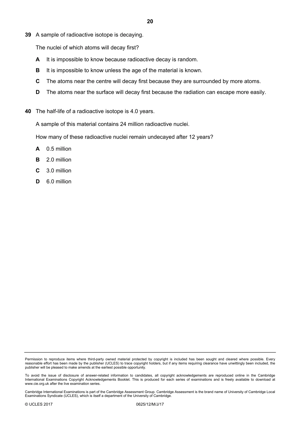 Cambridge IGCSE Physics 0625 2017 May/June Paper 1 · Variant 2 question paper, page 20 of 20