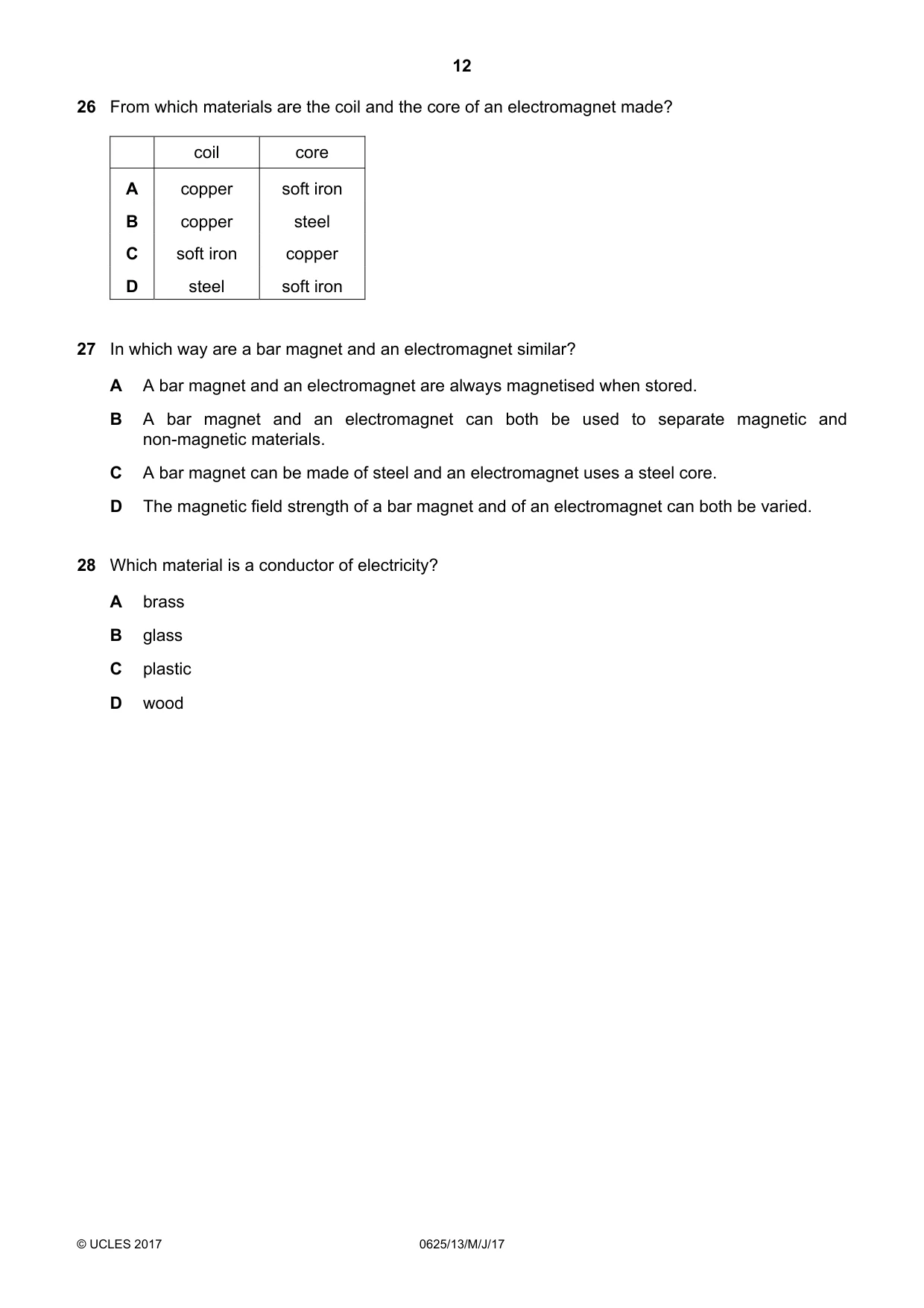 Cambridge IGCSE Physics 0625 2017 May/June Paper 1 · Variant 3 question paper, page 12 of 20