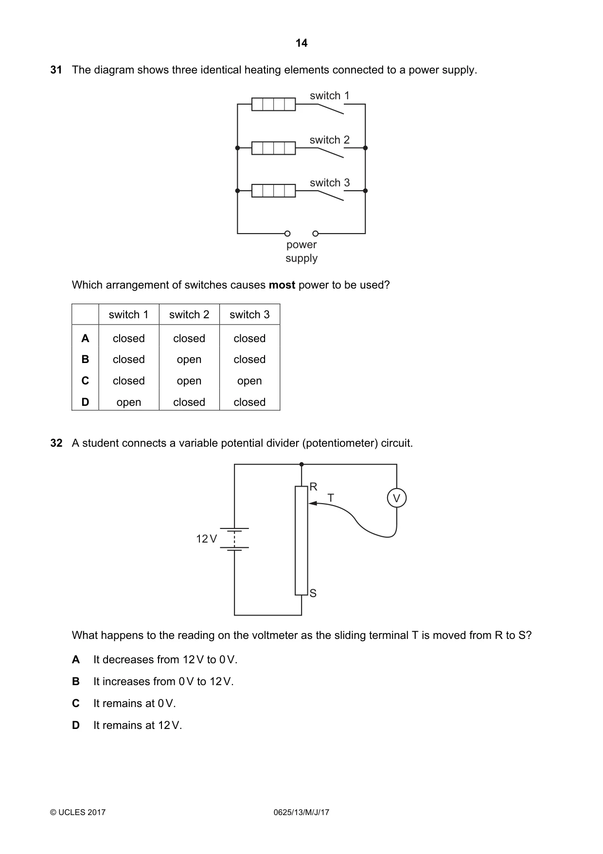 Cambridge IGCSE Physics 0625 2017 May/June Paper 1 · Variant 3 question paper, page 14 of 20