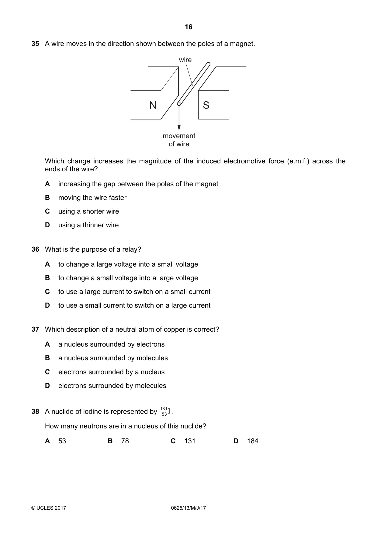 Cambridge IGCSE Physics 0625 2017 May/June Paper 1 · Variant 3 question paper, page 16 of 20