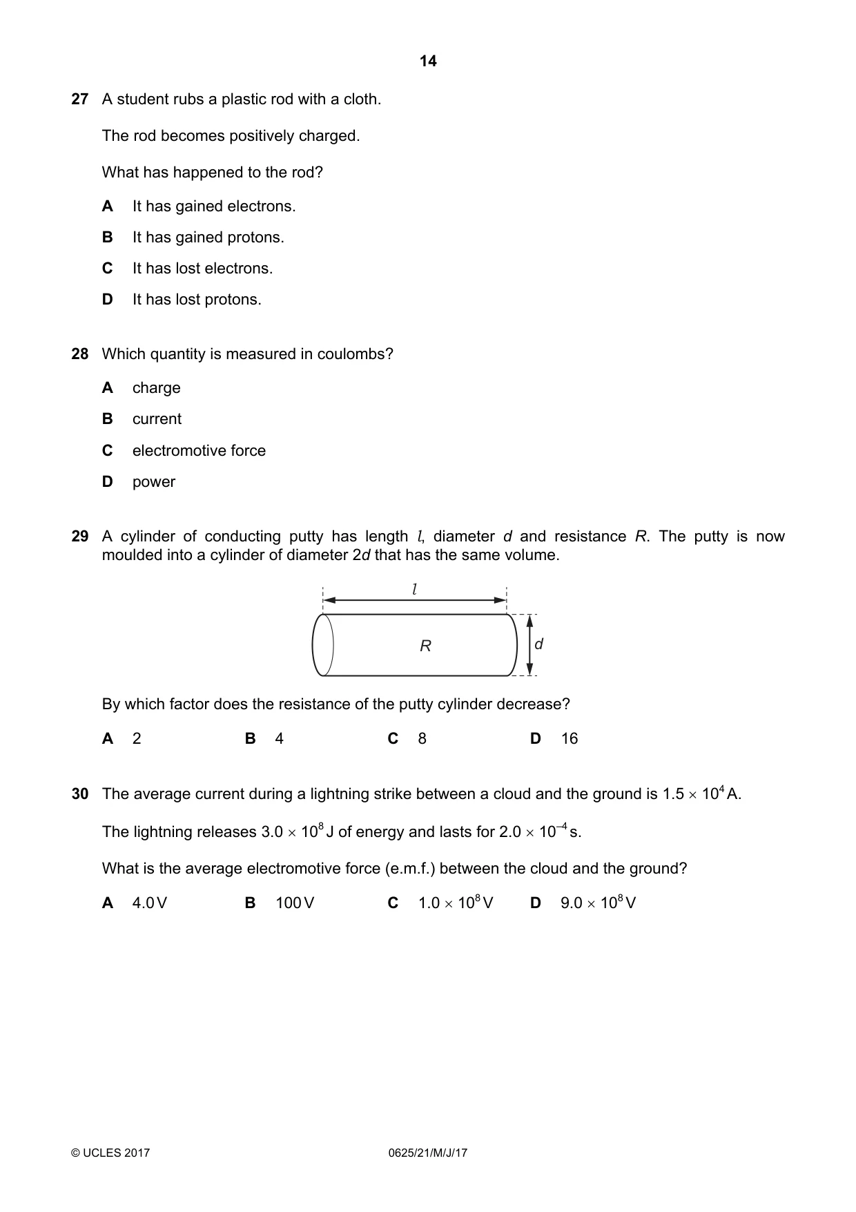 Cambridge IGCSE Physics 0625 2017 May/June Paper 2 · Variant 1 question paper, page 14 of 20