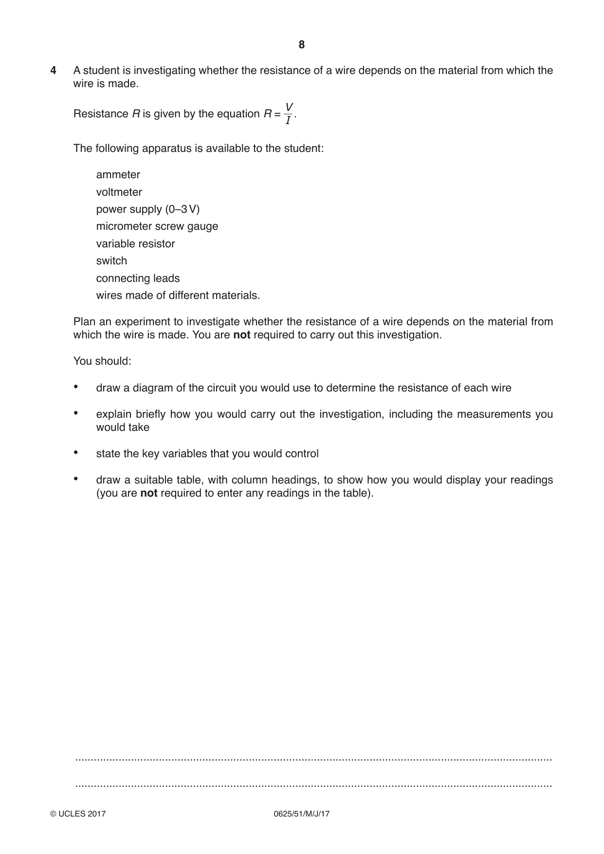 Cambridge IGCSE Physics 0625 2017 May/June Paper 5 · Variant 1 question paper, page 8 of 12