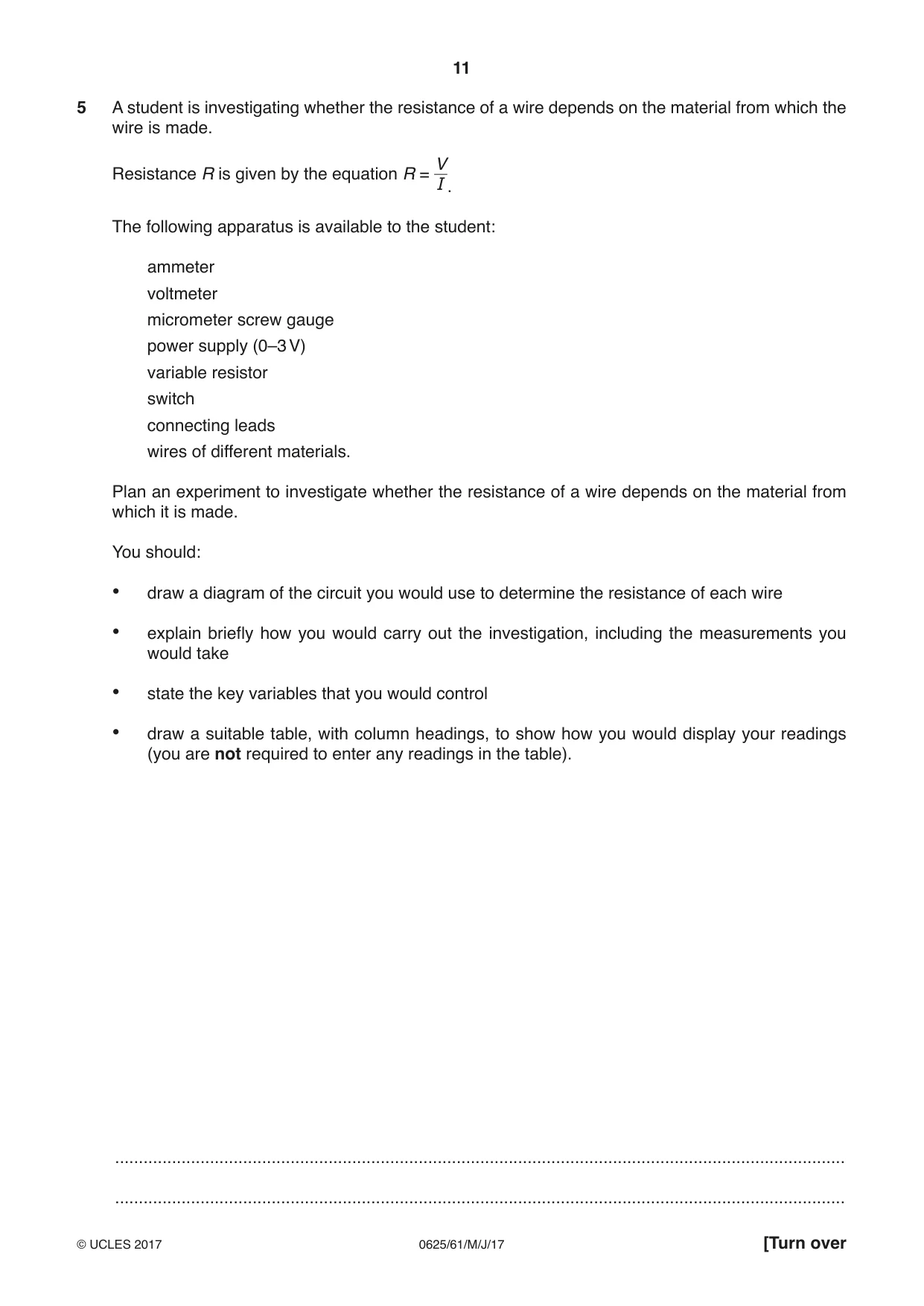 Cambridge IGCSE Physics 0625 2017 May/June Paper 6 · Variant 1 question paper, page 11 of 12