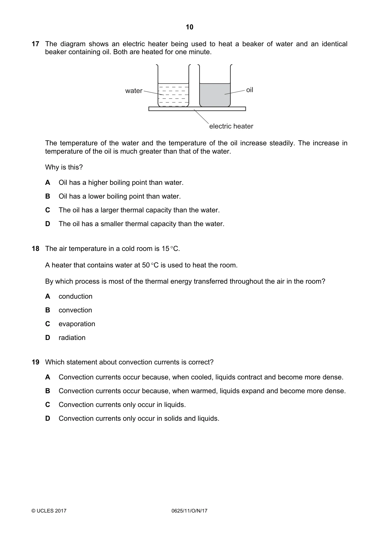 Cambridge IGCSE Physics 0625 2017 Oct/Nov Paper 1 · Variant 1 question paper, page 10 of 20