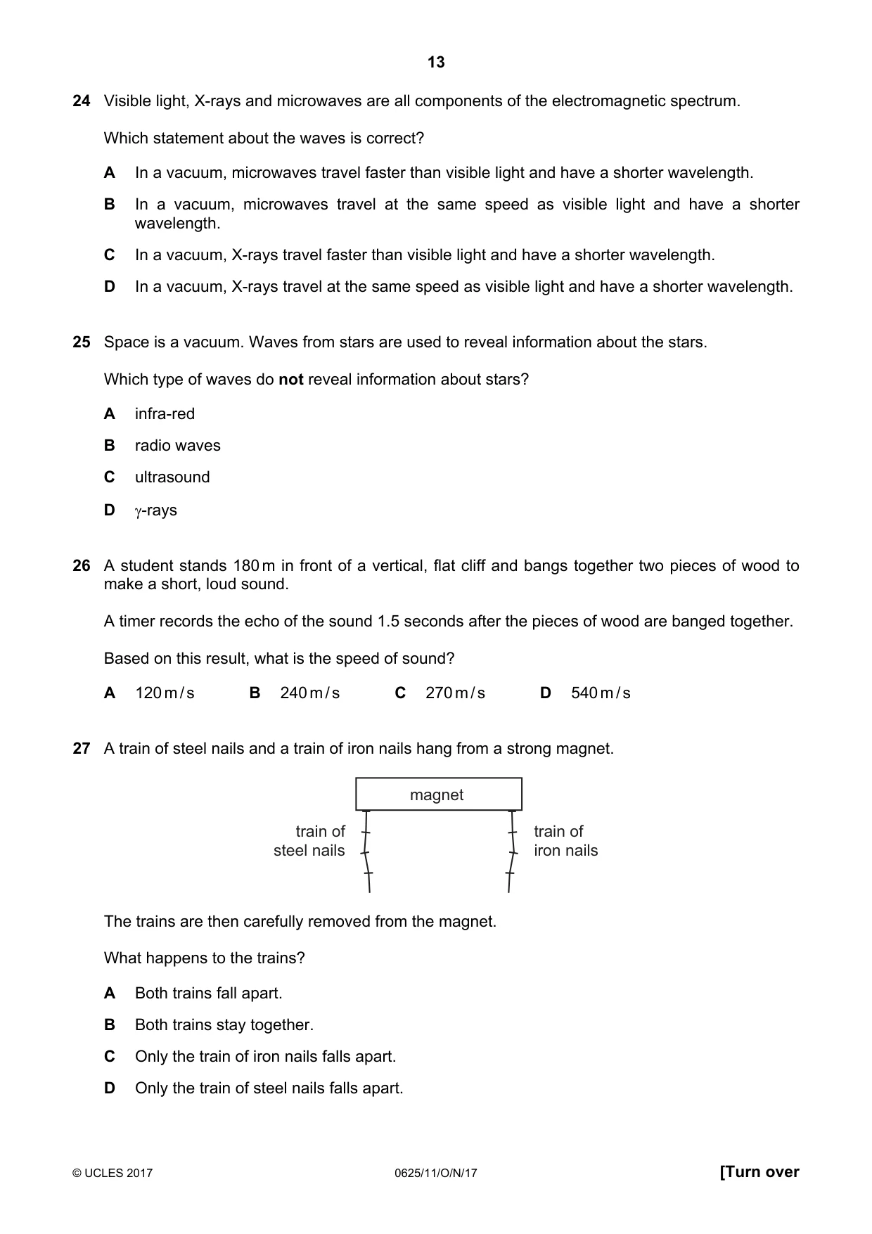 Cambridge IGCSE Physics 0625 2017 Oct/Nov Paper 1 · Variant 1 question paper, page 13 of 20