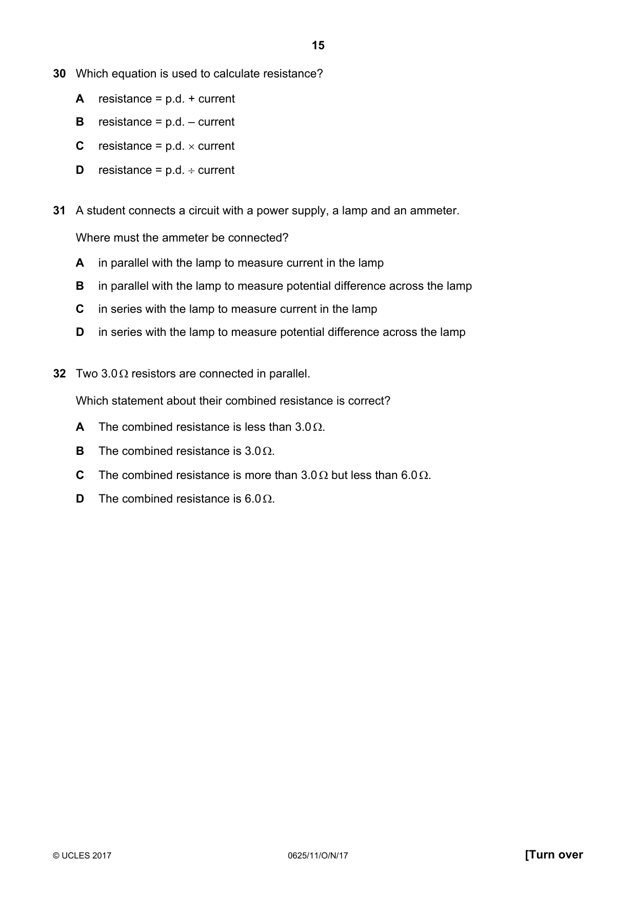Cambridge IGCSE Physics 0625 2017 Oct/Nov Paper 1 · Variant 1 question paper, page 15 of 20