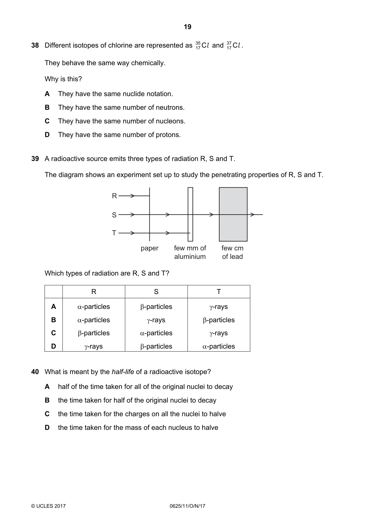 Cambridge IGCSE Physics 0625 2017 Oct/Nov Paper 1 · Variant 1 question paper, page 19 of 20