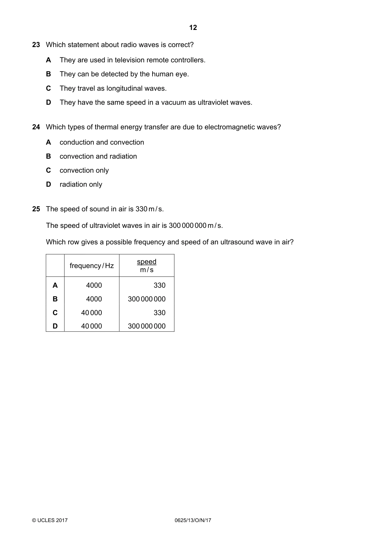 Cambridge IGCSE Physics 0625 2017 Oct/Nov Paper 1 · Variant 3 question paper, page 12 of 20