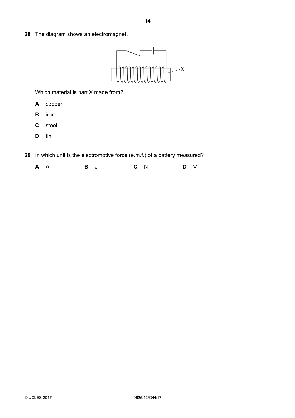 Cambridge IGCSE Physics 0625 2017 Oct/Nov Paper 1 · Variant 3 question paper, page 14 of 20