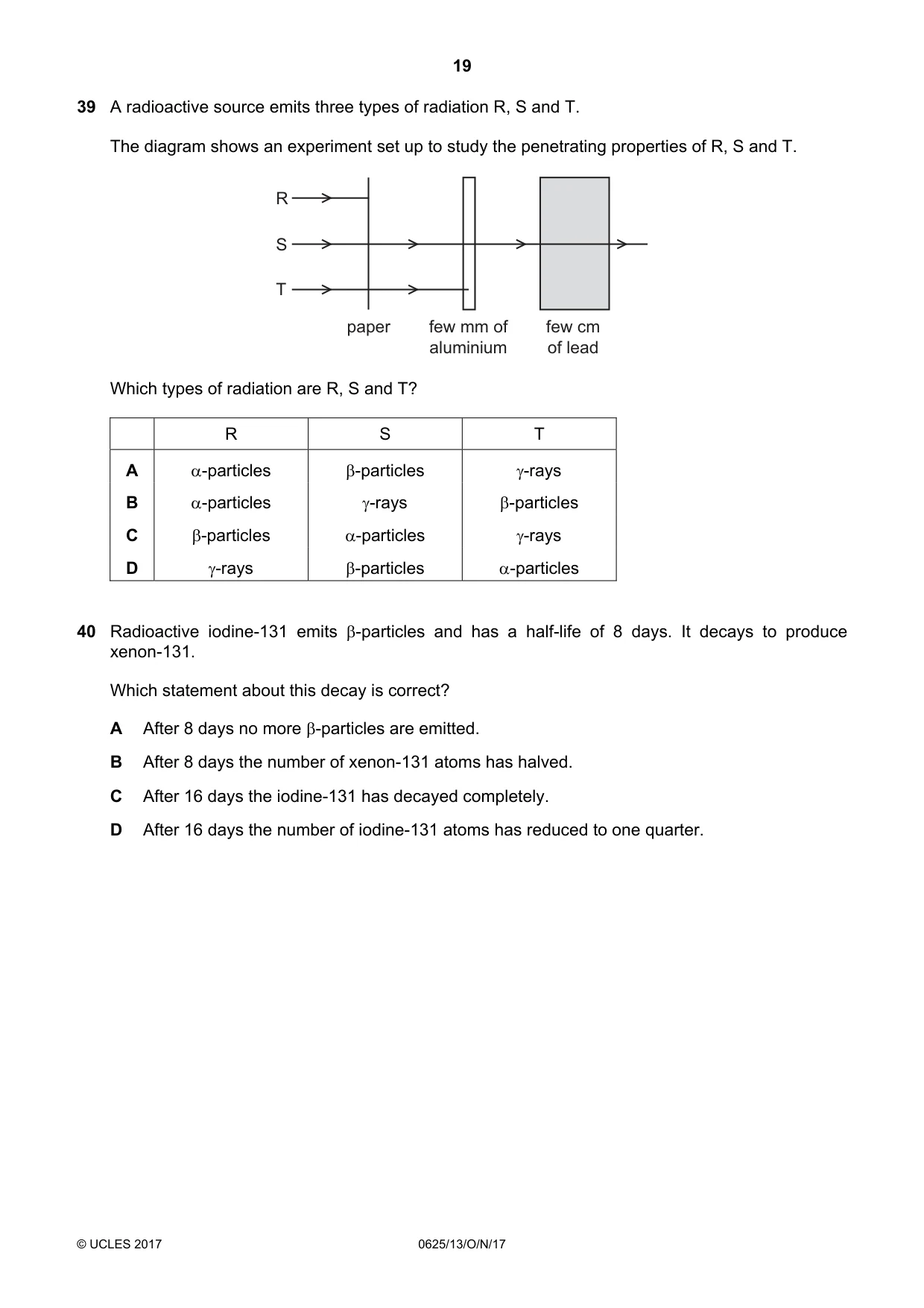 Cambridge IGCSE Physics 0625 2017 Oct/Nov Paper 1 · Variant 3 question paper, page 19 of 20