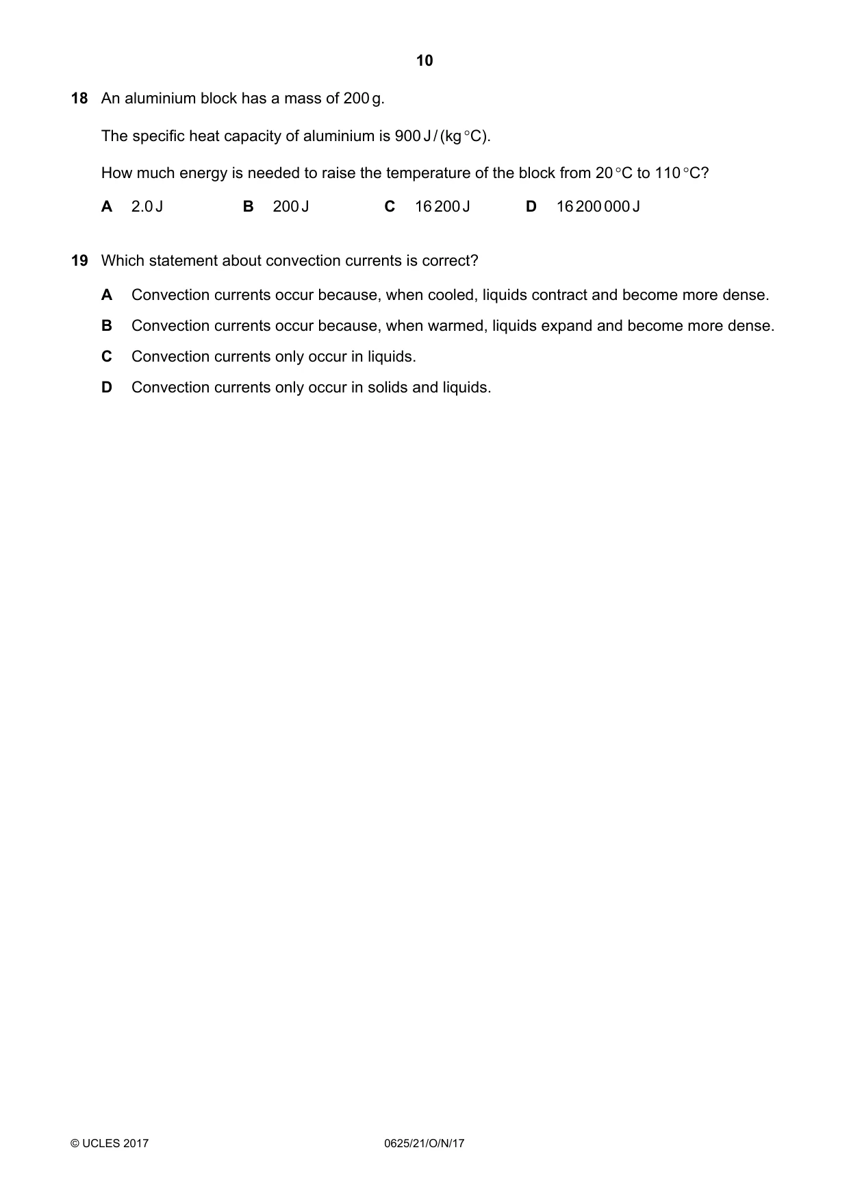 Cambridge IGCSE Physics 0625 2017 Oct/Nov Paper 2 · Variant 1 question paper, page 10 of 20