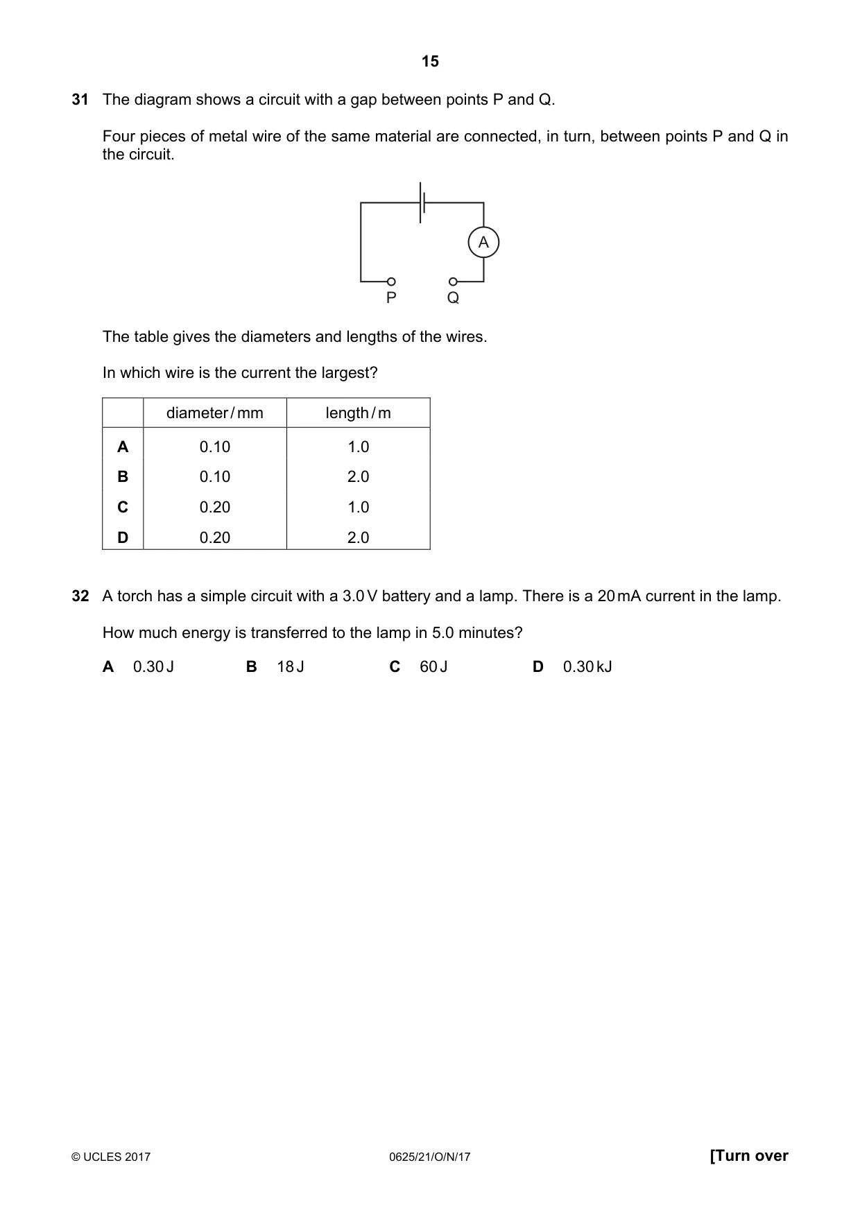 Cambridge IGCSE Physics 0625 2017 Oct/Nov Paper 2 · Variant 1 question paper, page 15 of 20