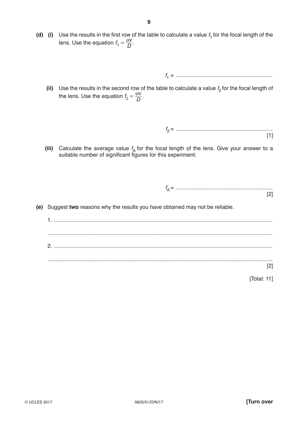 Cambridge IGCSE Physics 0625 2017 Oct/Nov Paper 5 · Variant 1 question paper, page 9 of 12