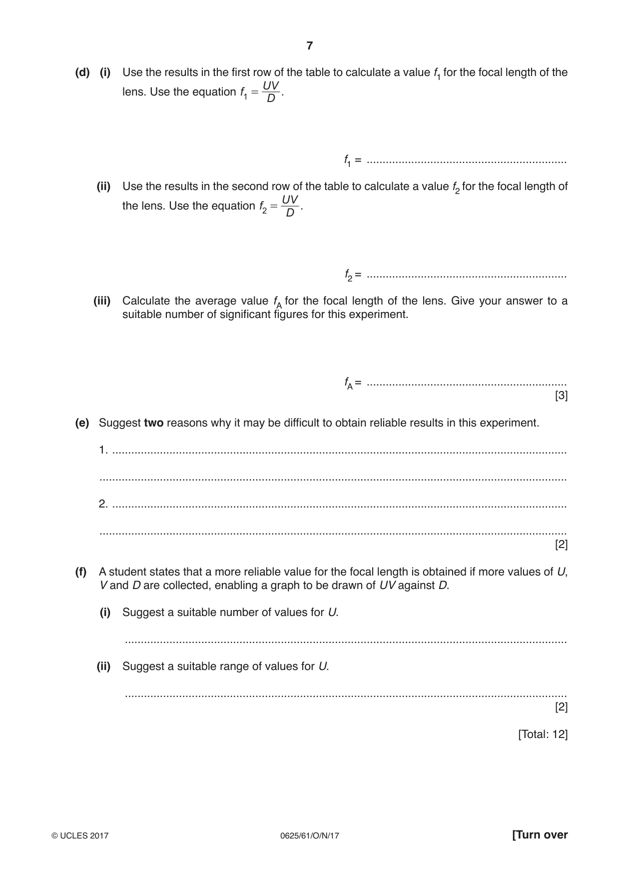Cambridge IGCSE Physics 0625 2017 Oct/Nov Paper 6 · Variant 1 question paper, page 7 of 12
