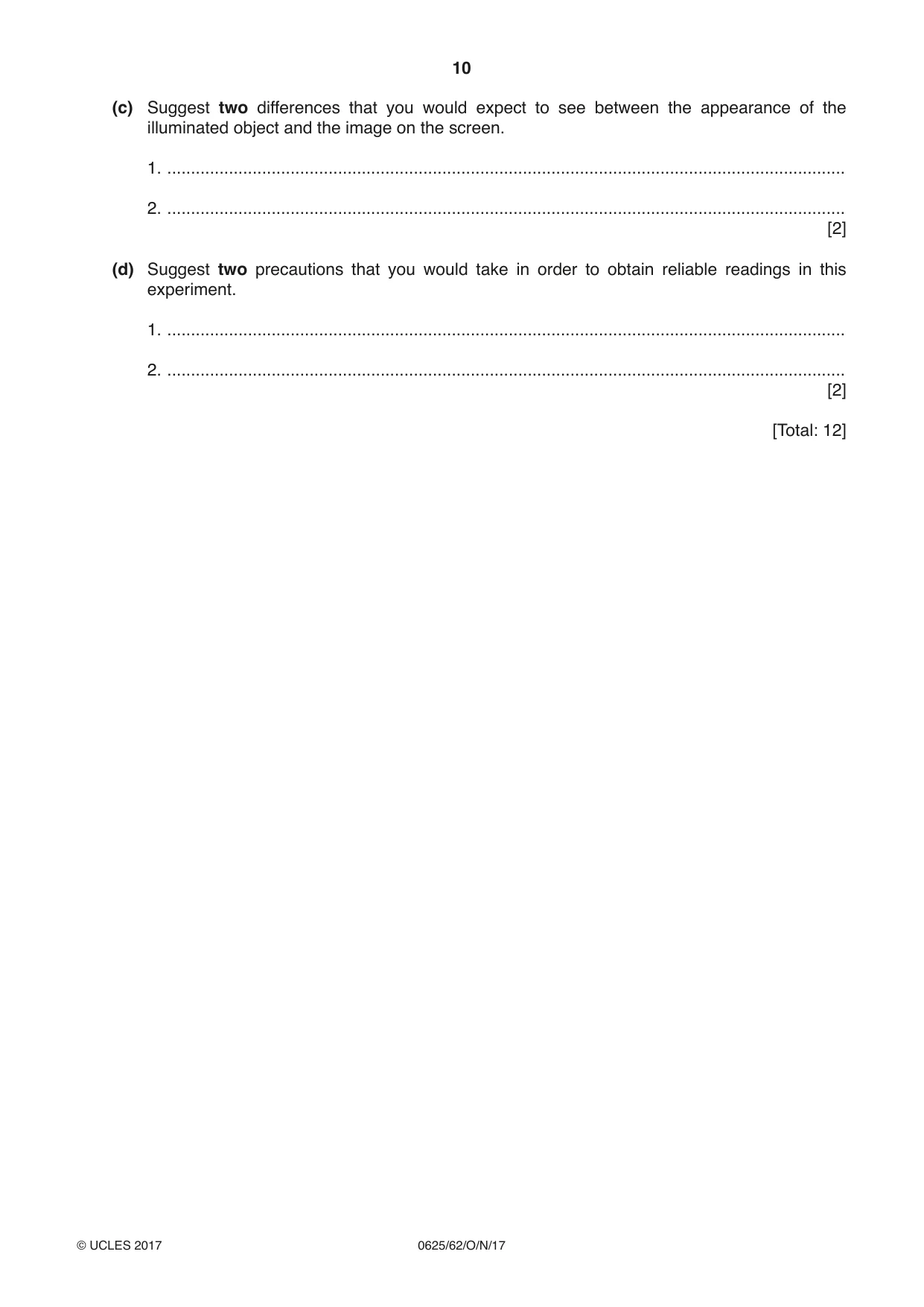 Cambridge IGCSE Physics 0625 2017 Oct/Nov Paper 6 · Variant 2 question paper, page 10 of 12