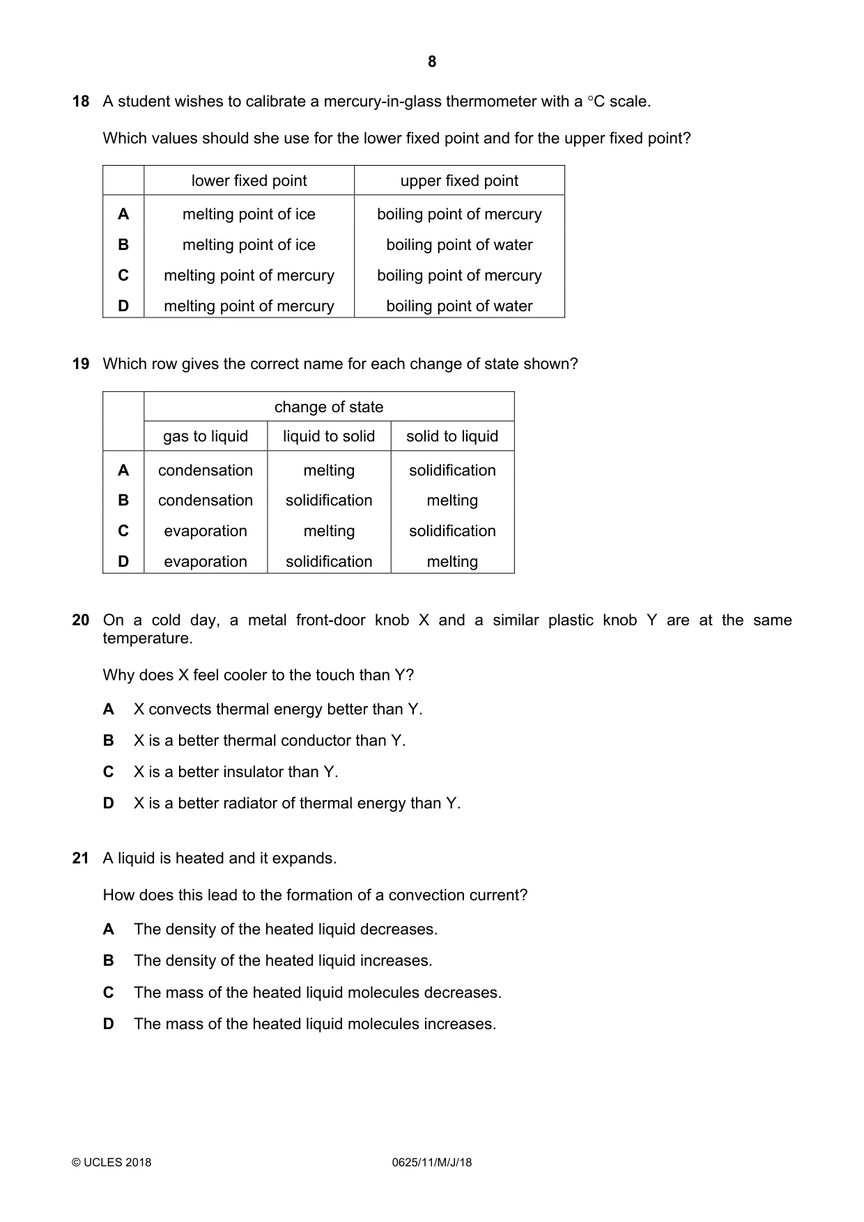 Cambridge IGCSE Physics 0625 2018 May/June Paper 1 · Variant 1 question paper, page 8 of 16