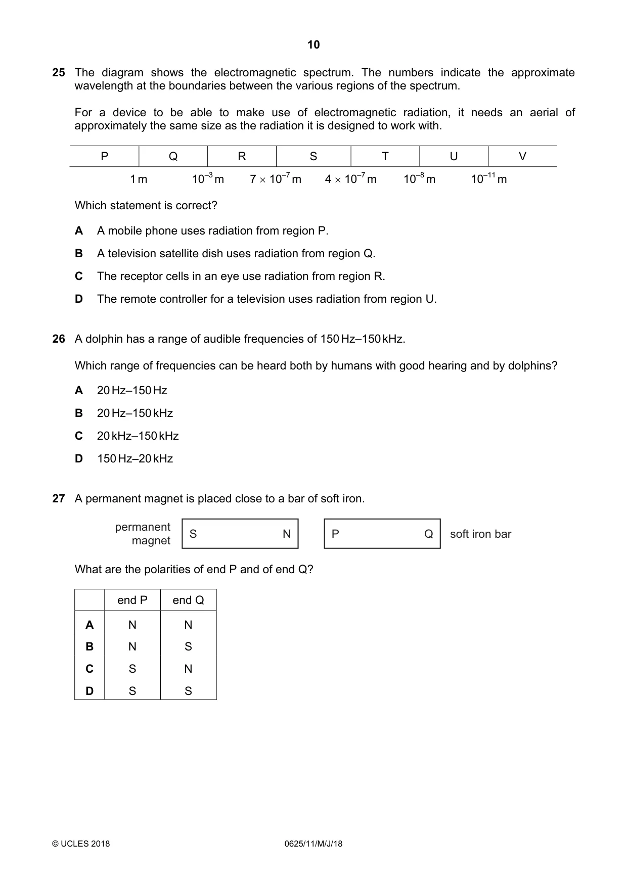 Cambridge IGCSE Physics 0625 2018 May/June Paper 1 · Variant 1 question paper, page 10 of 16