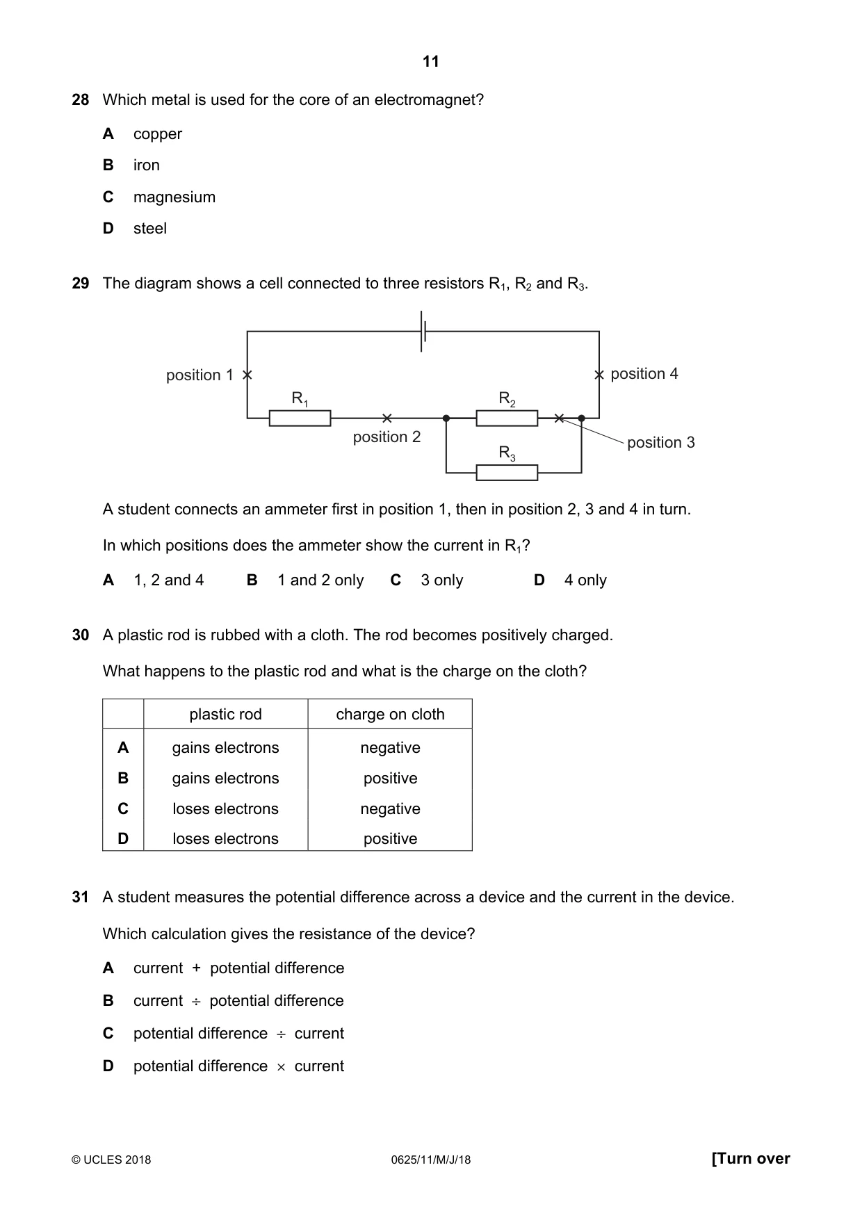 Cambridge IGCSE Physics 0625 2018 May/June Paper 1 · Variant 1 question paper, page 11 of 16