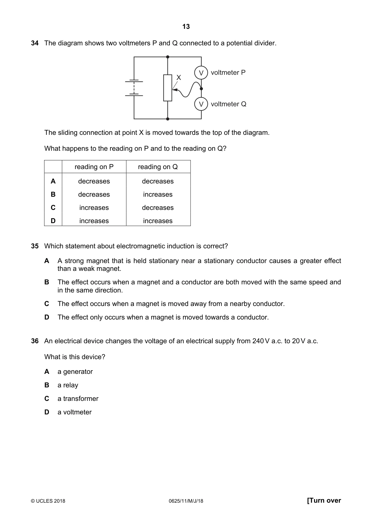 Cambridge IGCSE Physics 0625 2018 May/June Paper 1 · Variant 1 question paper, page 13 of 16