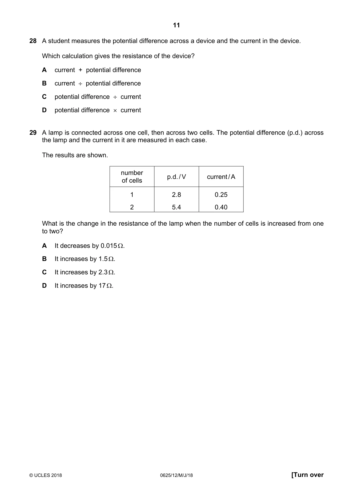 Cambridge IGCSE Physics 0625 2018 May/June Paper 1 · Variant 2 question paper, page 11 of 16