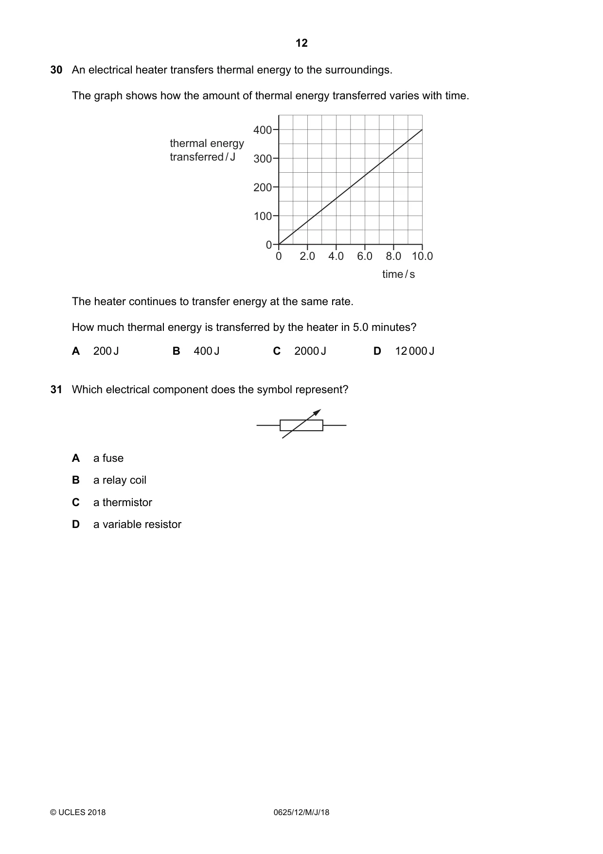 Cambridge IGCSE Physics 0625 2018 May/June Paper 1 · Variant 2 question paper, page 12 of 16