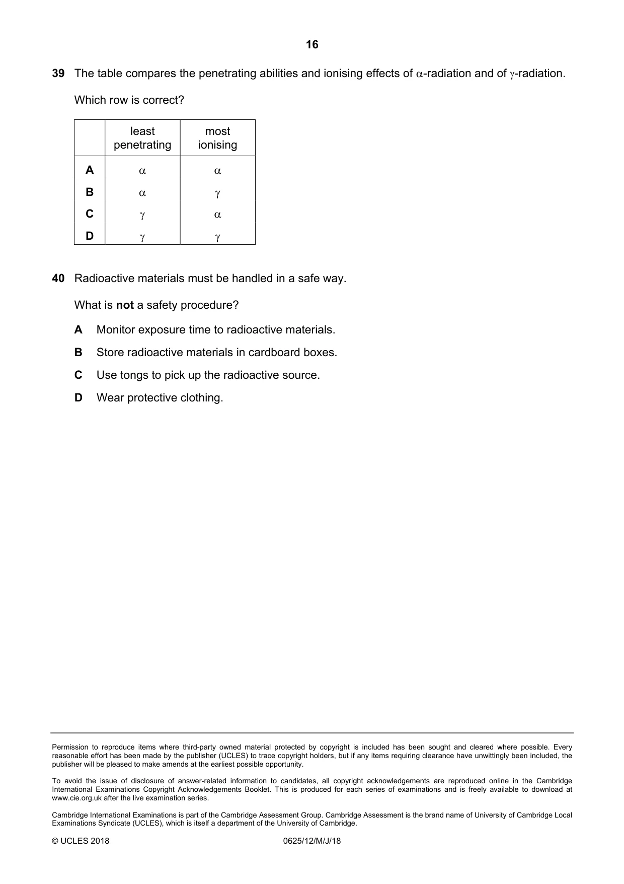 Cambridge IGCSE Physics 0625 2018 May/June Paper 1 · Variant 2 question paper, page 16 of 16