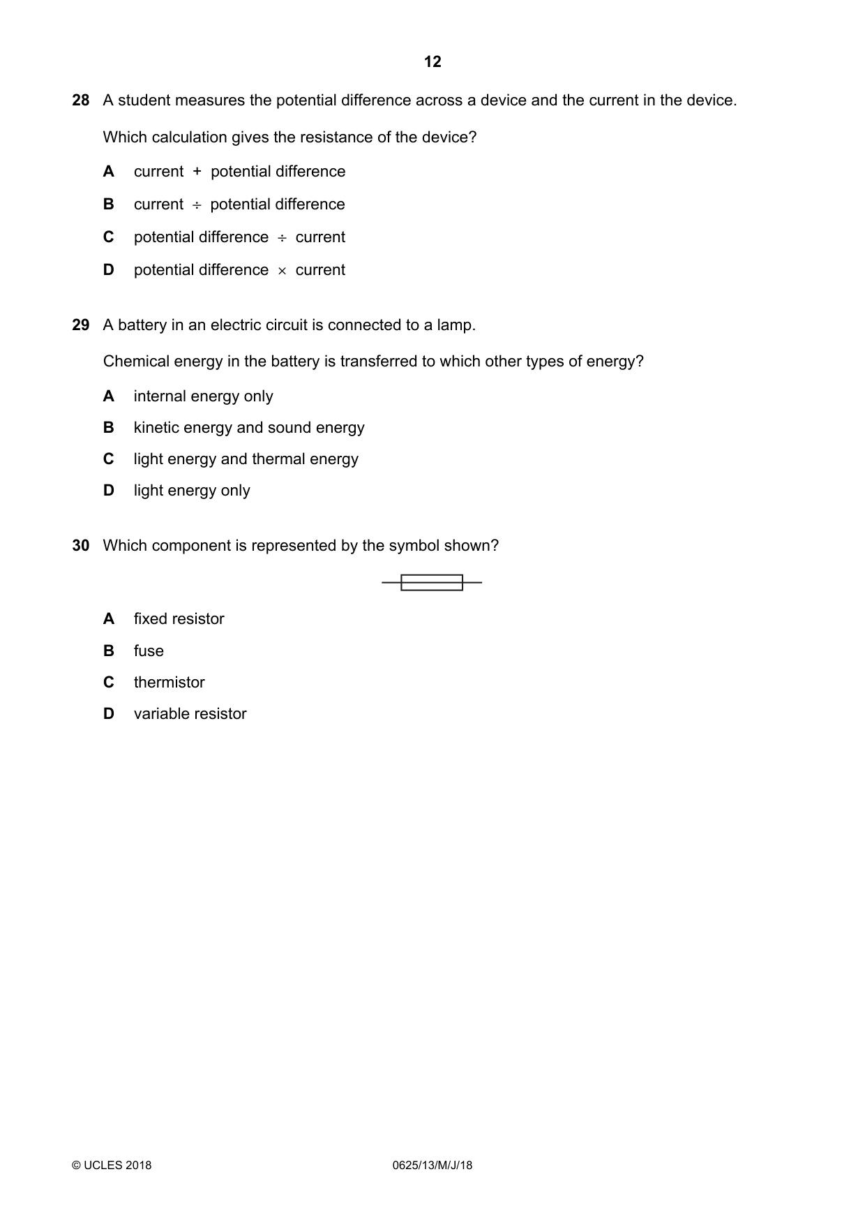 Cambridge IGCSE Physics 0625 2018 May/June Paper 1 · Variant 3 question paper, page 12 of 16