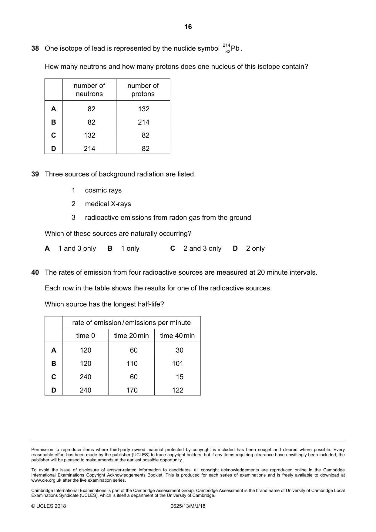 Cambridge IGCSE Physics 0625 2018 May/June Paper 1 · Variant 3 question paper, page 16 of 16
