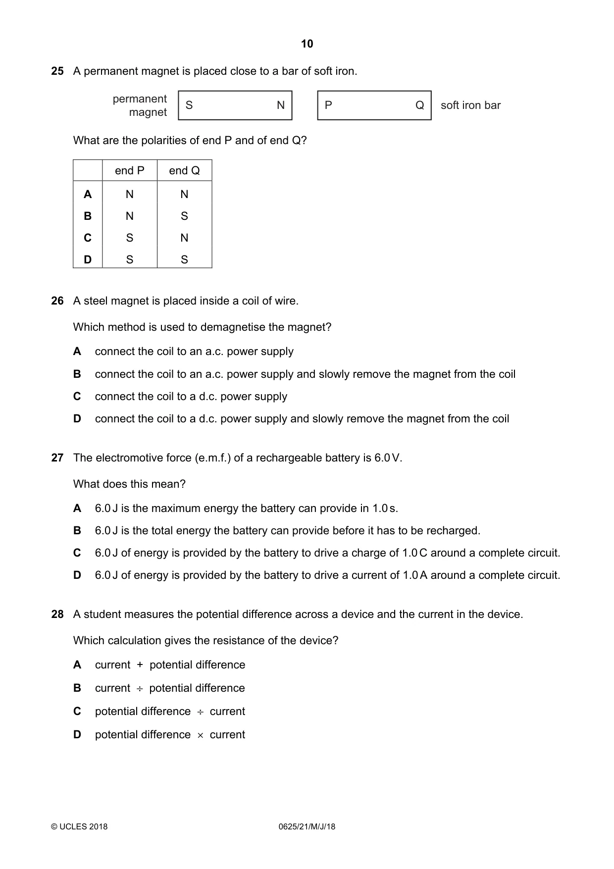 Cambridge IGCSE Physics 0625 2018 May/June Paper 2 · Variant 1 question paper, page 10 of 16
