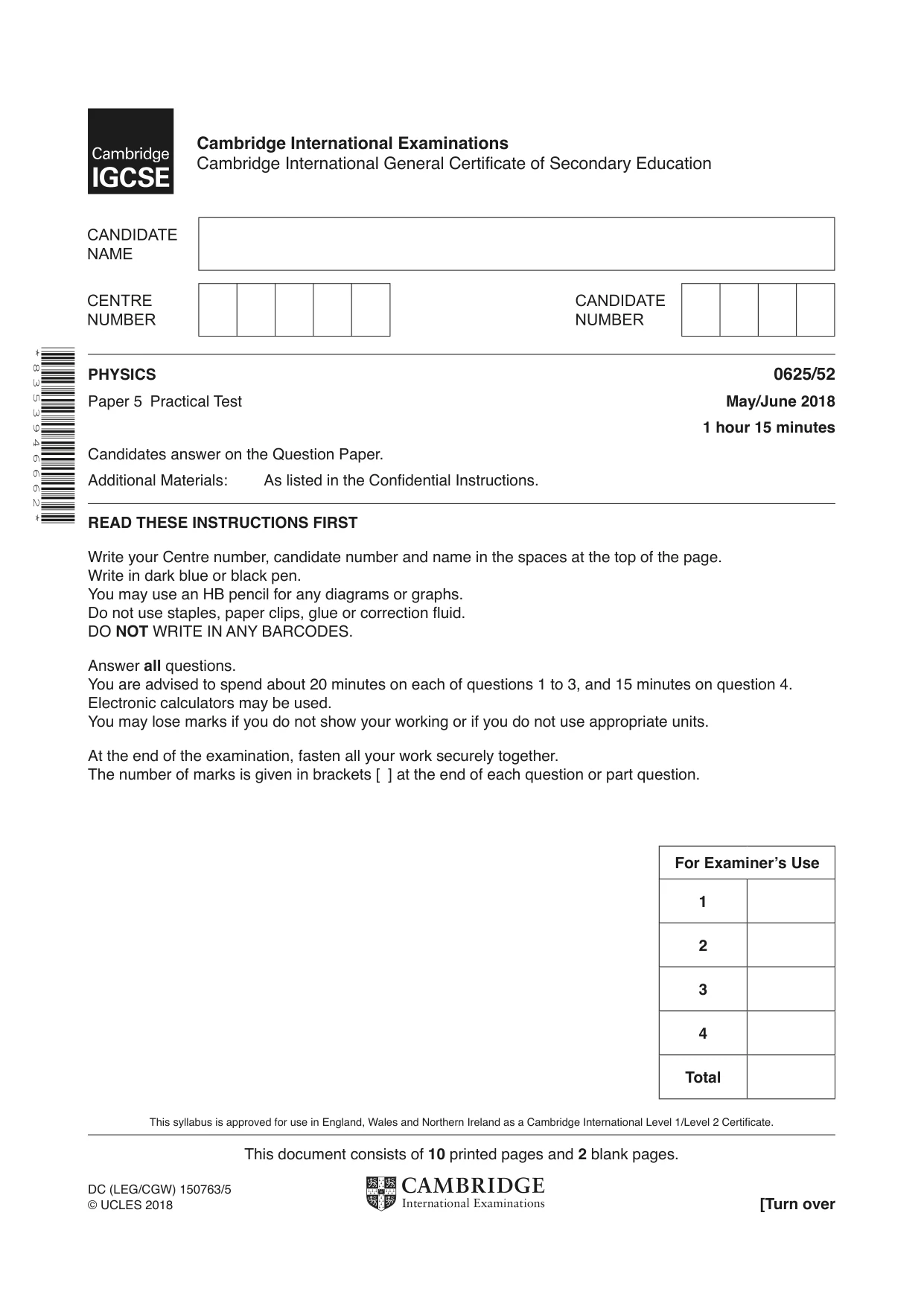 Cambridge IGCSE Physics 0625 2018 May/June Paper 5 · Variant 2 question paper, page 1 of 12