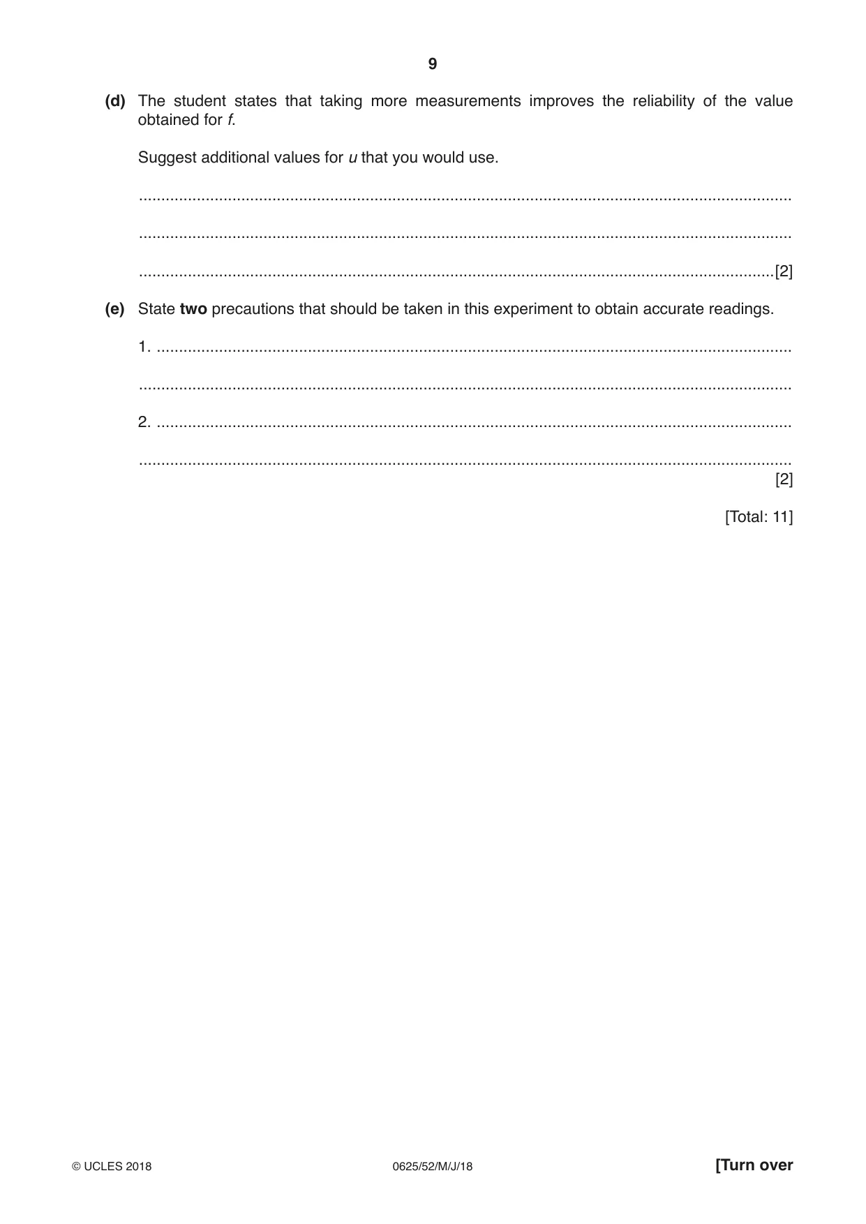 Cambridge IGCSE Physics 0625 2018 May/June Paper 5 · Variant 2 question paper, page 9 of 12