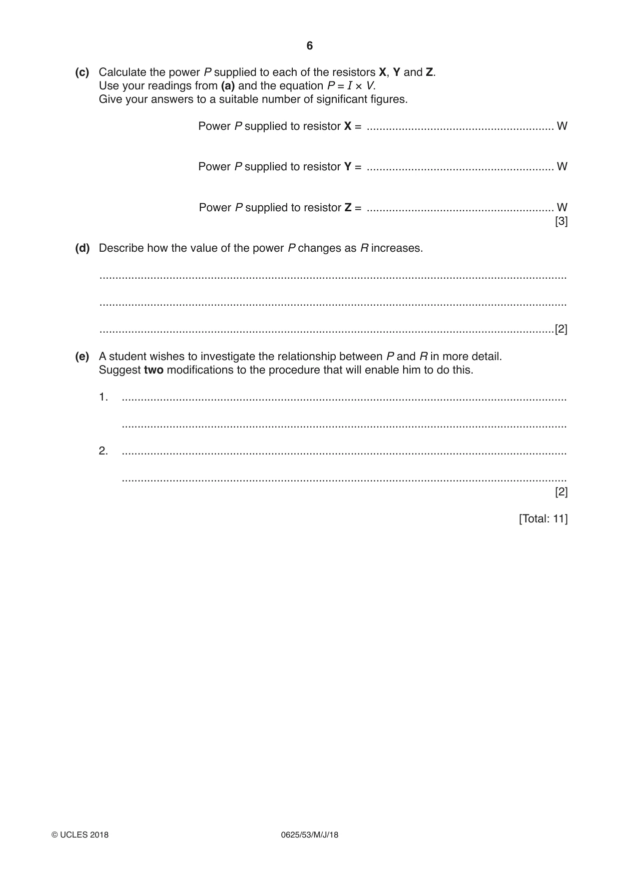 Cambridge IGCSE Physics 0625 2018 May/June Paper 5 · Variant 3 question paper, page 6 of 12