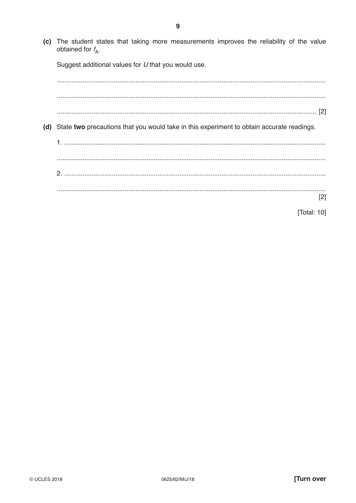 Cambridge IGCSE Physics 0625 2018 May/June Paper 6 · Variant 2 question paper, page 9 of 12