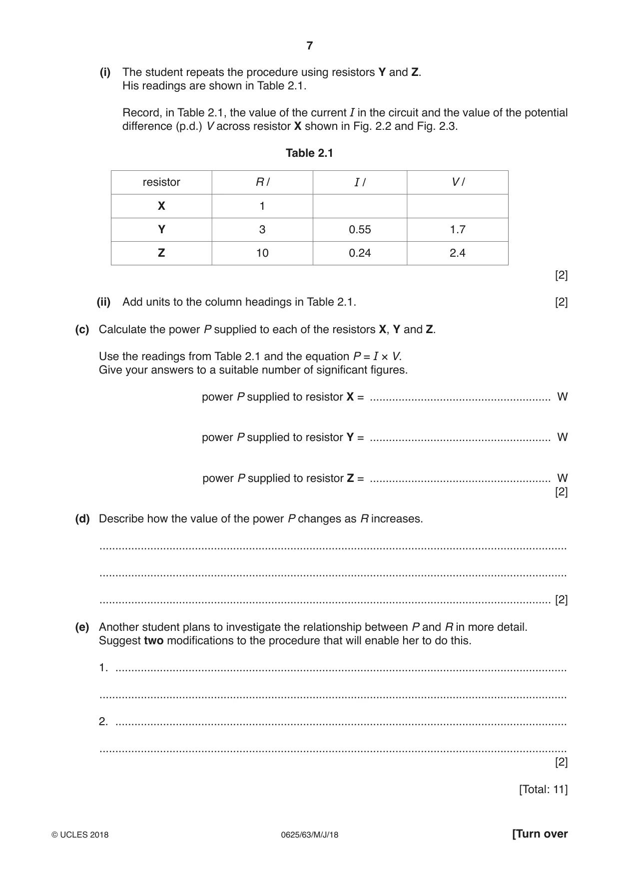 Cambridge IGCSE Physics 0625 2018 May/June Paper 6 · Variant 3 question paper, page 7 of 12