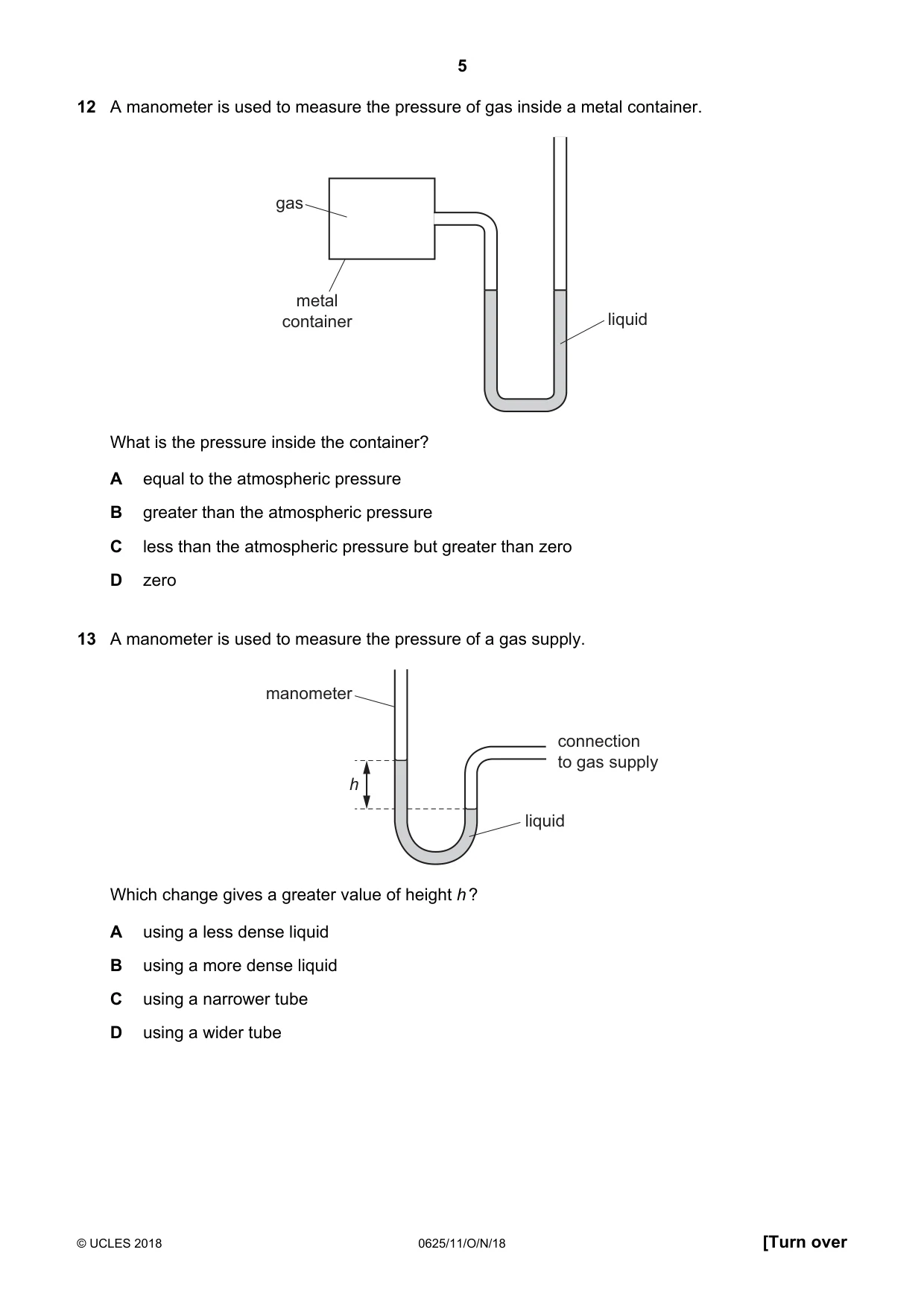 Cambridge IGCSE Physics 0625 2018 Oct/Nov Paper 1 · Variant 1 question paper, page 5 of 16