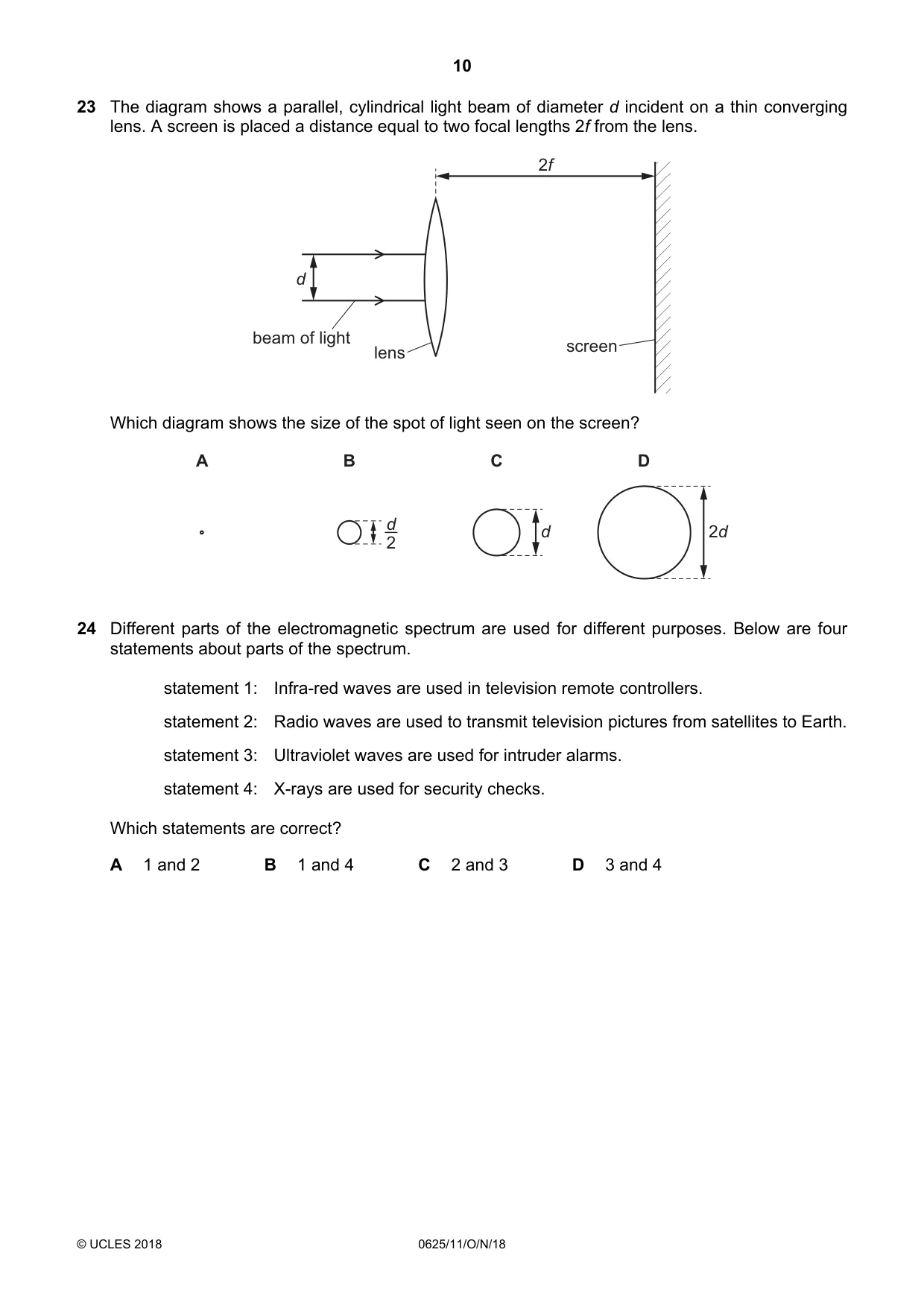 Cambridge IGCSE Physics 0625 2018 Oct/Nov Paper 1 · Variant 1 question paper, page 10 of 16