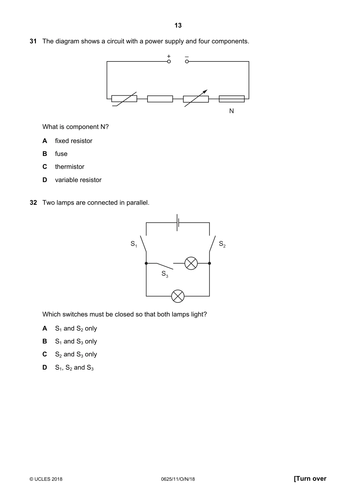 Cambridge IGCSE Physics 0625 2018 Oct/Nov Paper 1 · Variant 1 question paper, page 13 of 16