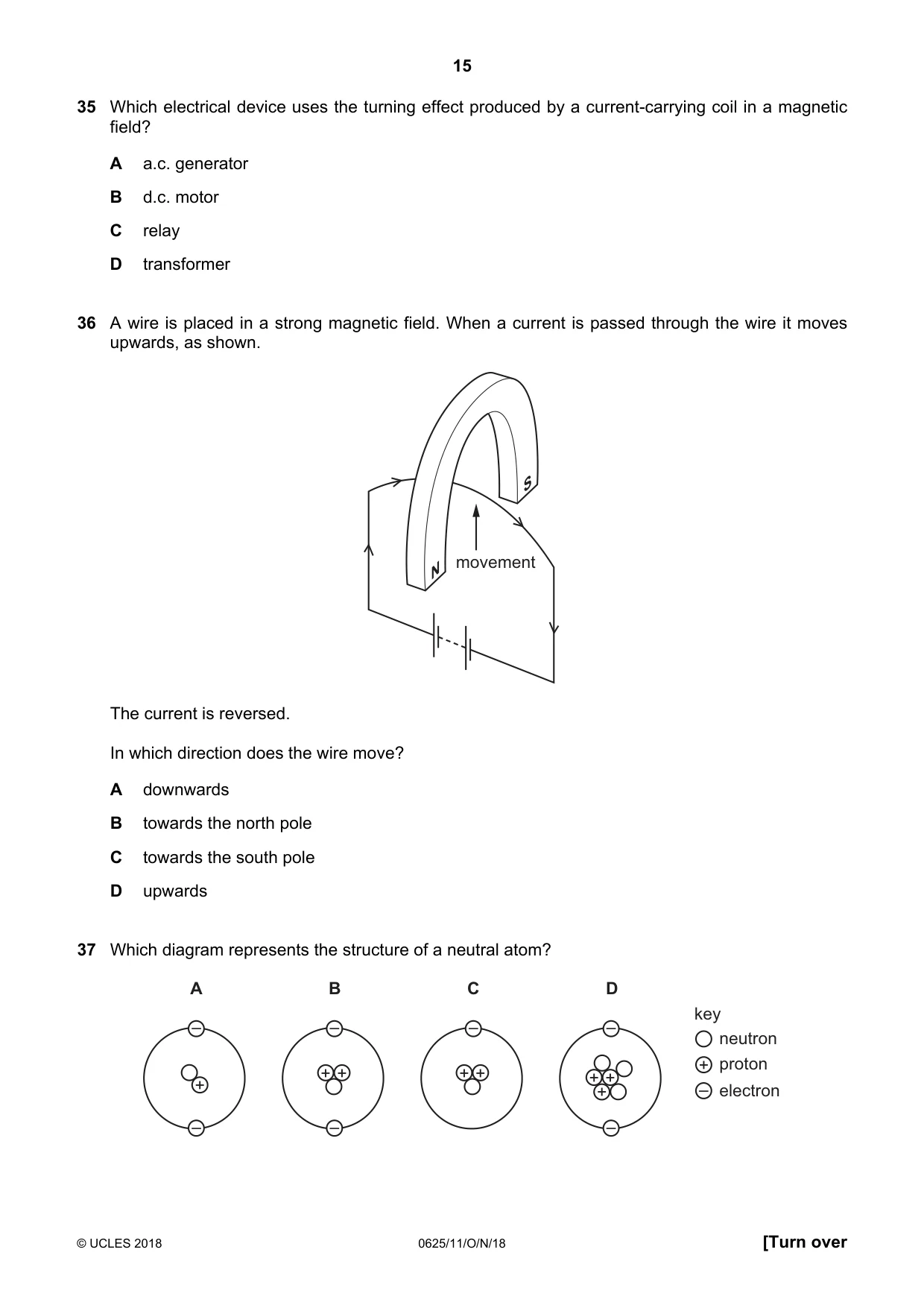 Cambridge IGCSE Physics 0625 2018 Oct/Nov Paper 1 · Variant 1 question paper, page 15 of 16
